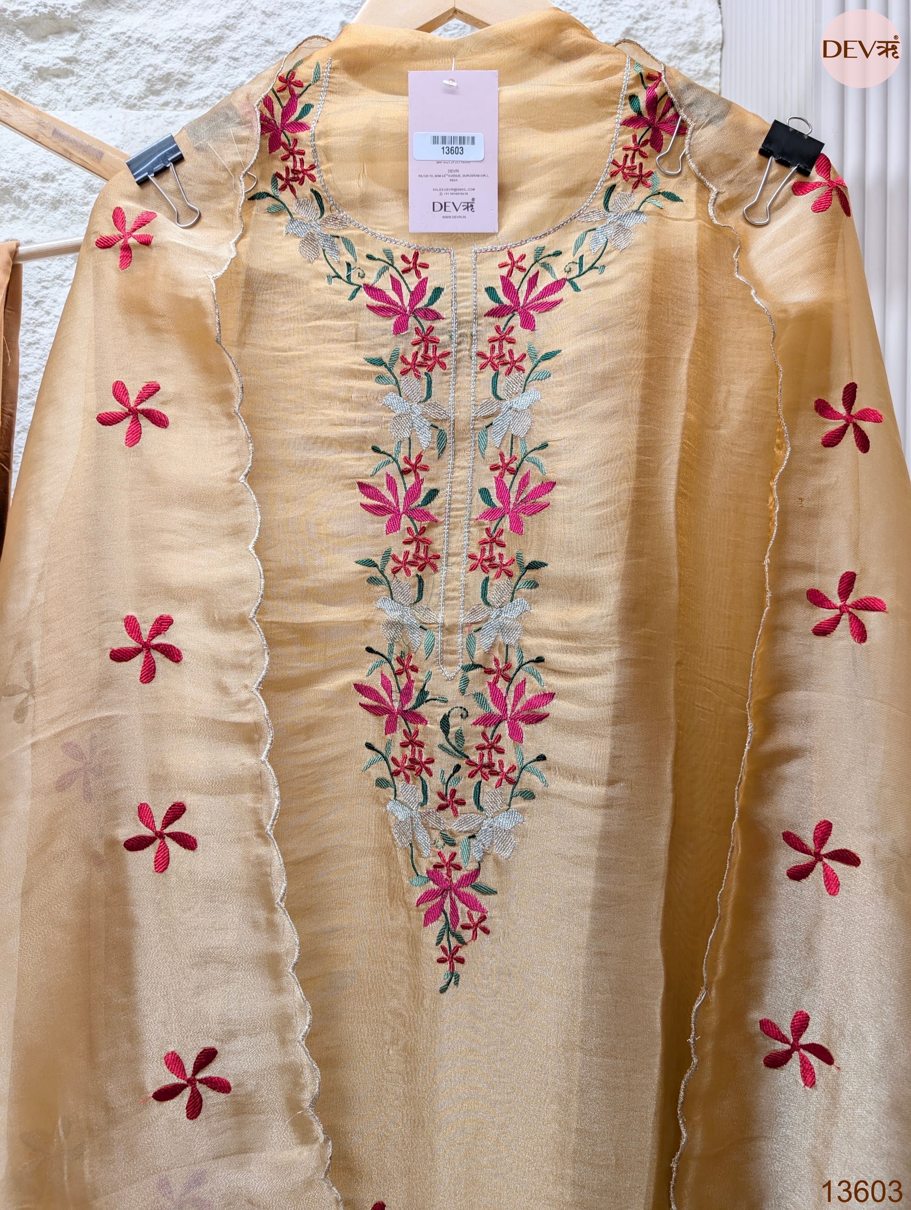 Beige Crush Tissue Silk Embroidered Unstitched 3-Piece Suit (Devri – D.No 13603)