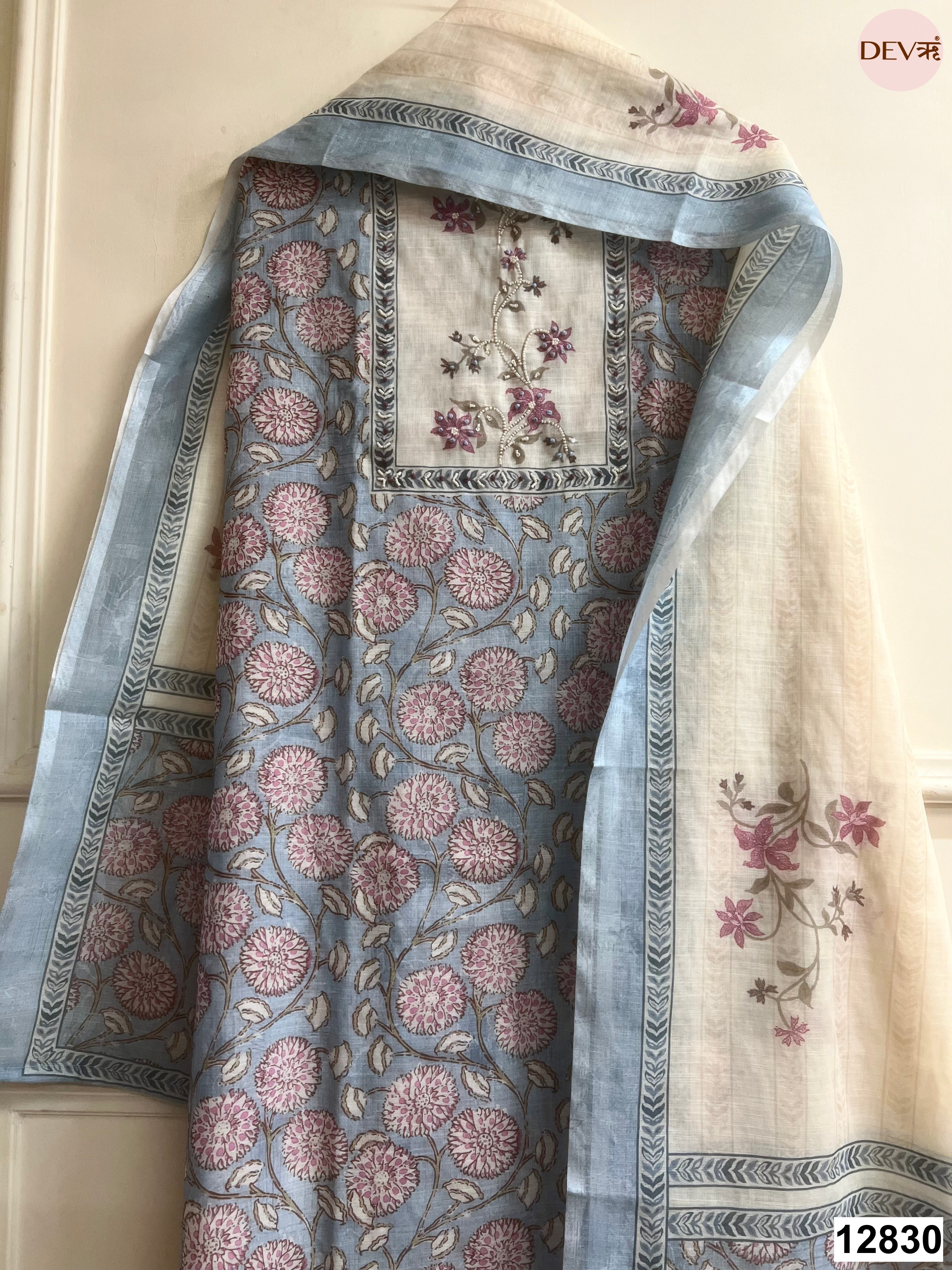 Blue Linen Cotton Printed Unstitched 3-Piece Suit (Devri – D.No 12830)