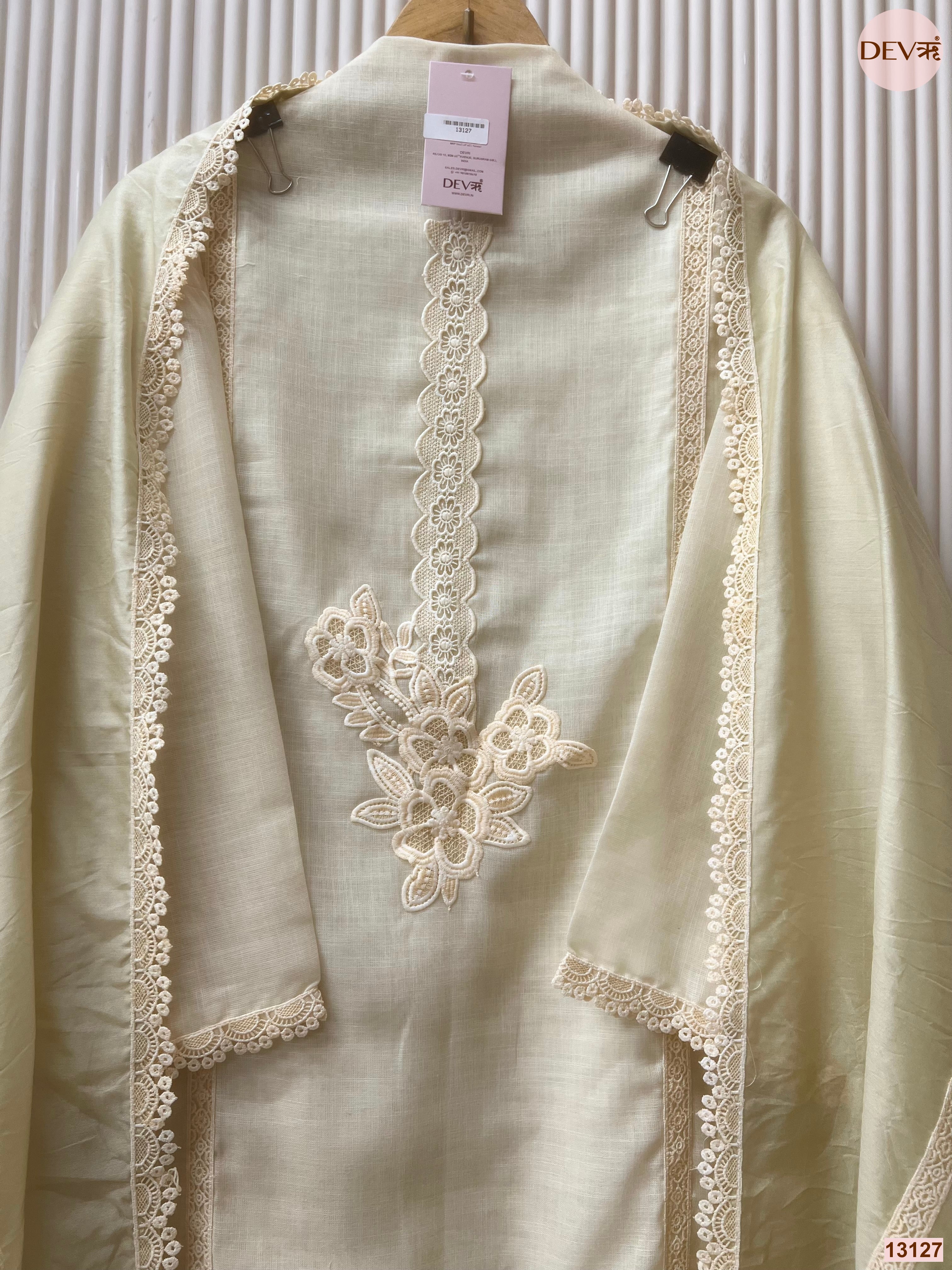 Pista Linen Cotton Embroidered Unstitched 3-Piece Suit (Devri – D.No 13127)