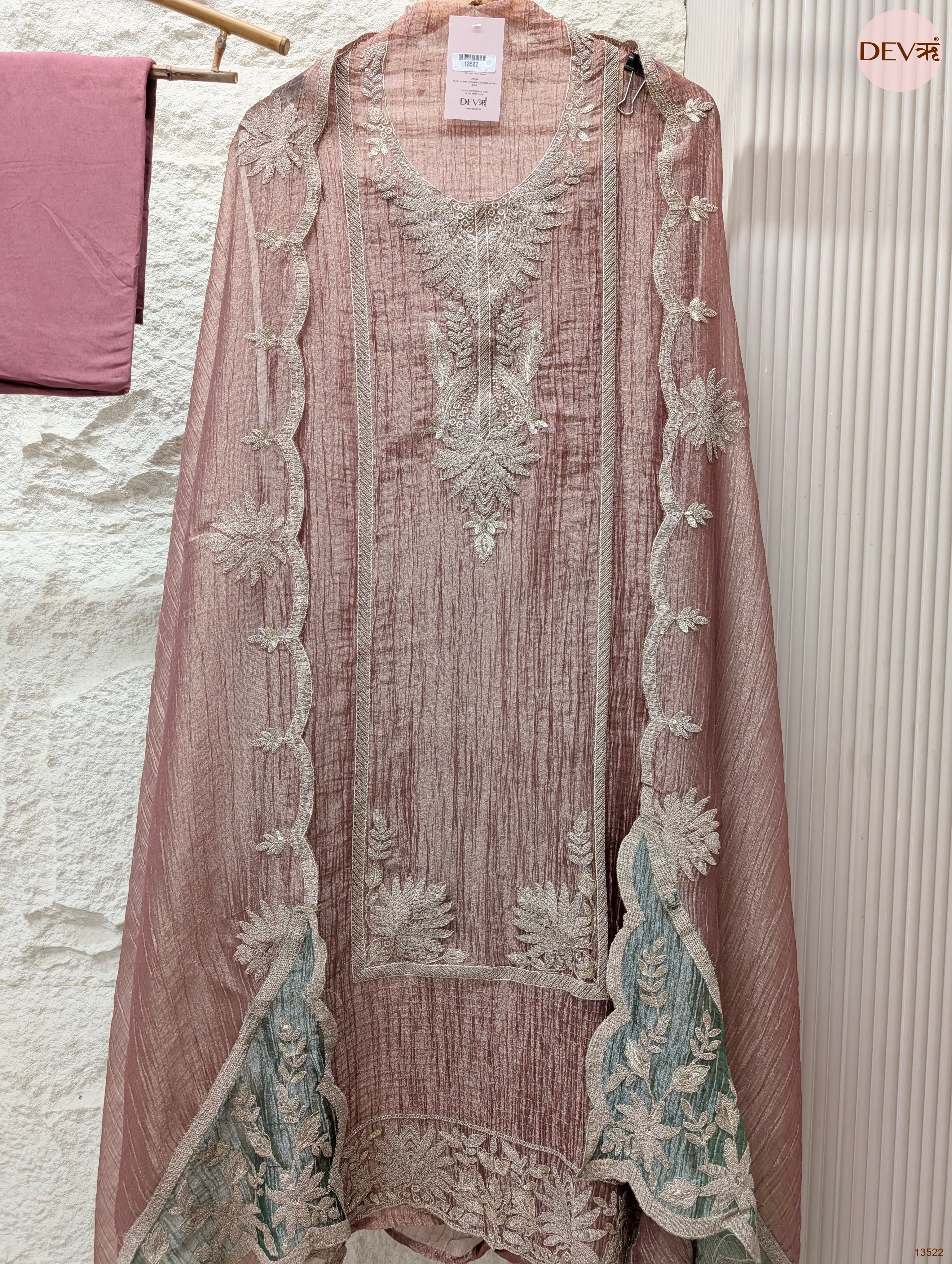 Pink Tissue Crush Silk Embroidered Unstitched 3-Piece Suit (Devri – D.No 13522)