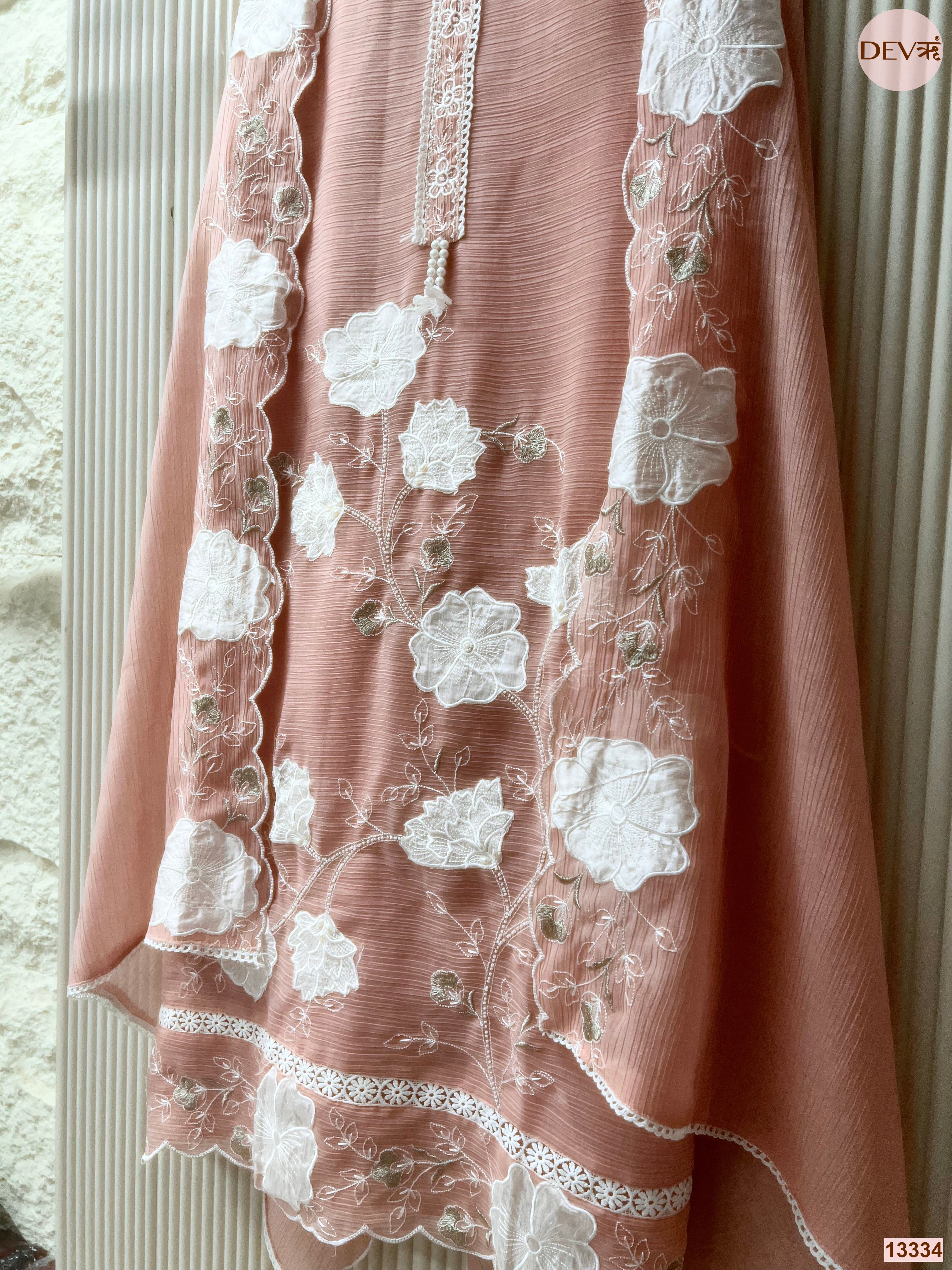 Peach Mul Chanderi Crush Embroidered Unstitched 3-Piece Suit (Devri – D.No 13334)