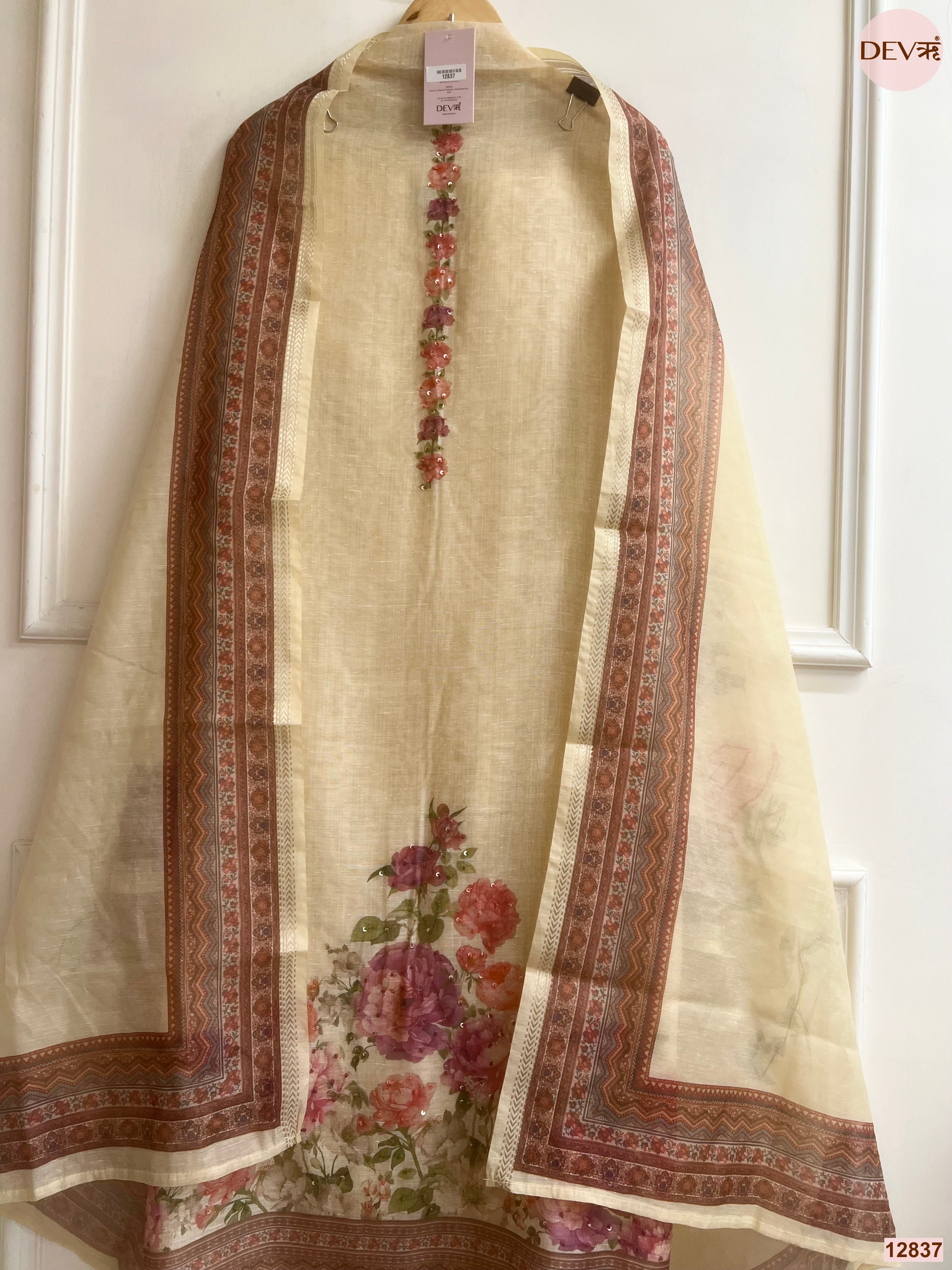 Cream Mul Chanderi Printed Unstitched 3-Piece Suit (Devri – D.No 12837)