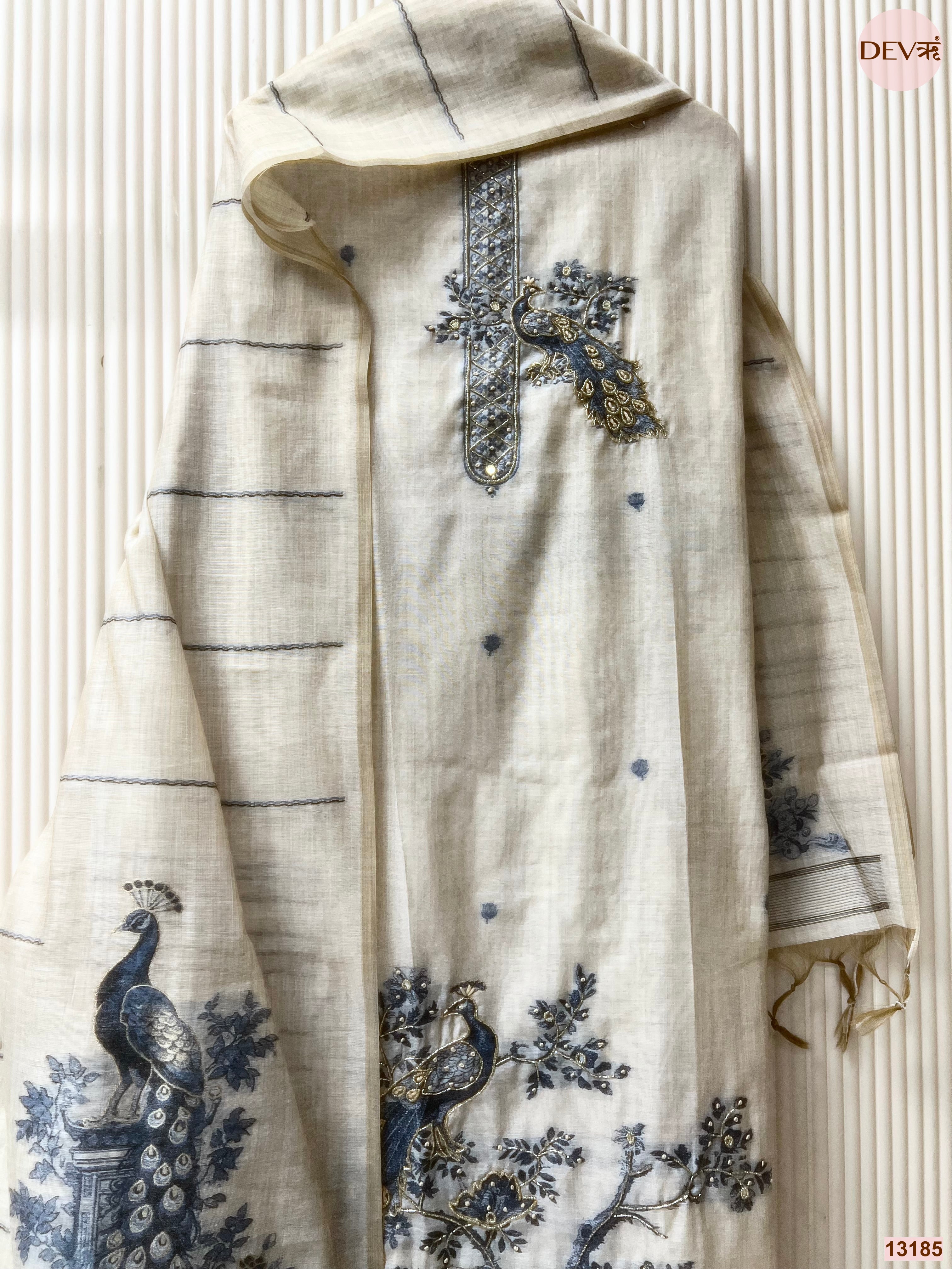 Cream Mul Chanderi Printed Unstitched 3-Piece Suit (Devri – D.No 13185)