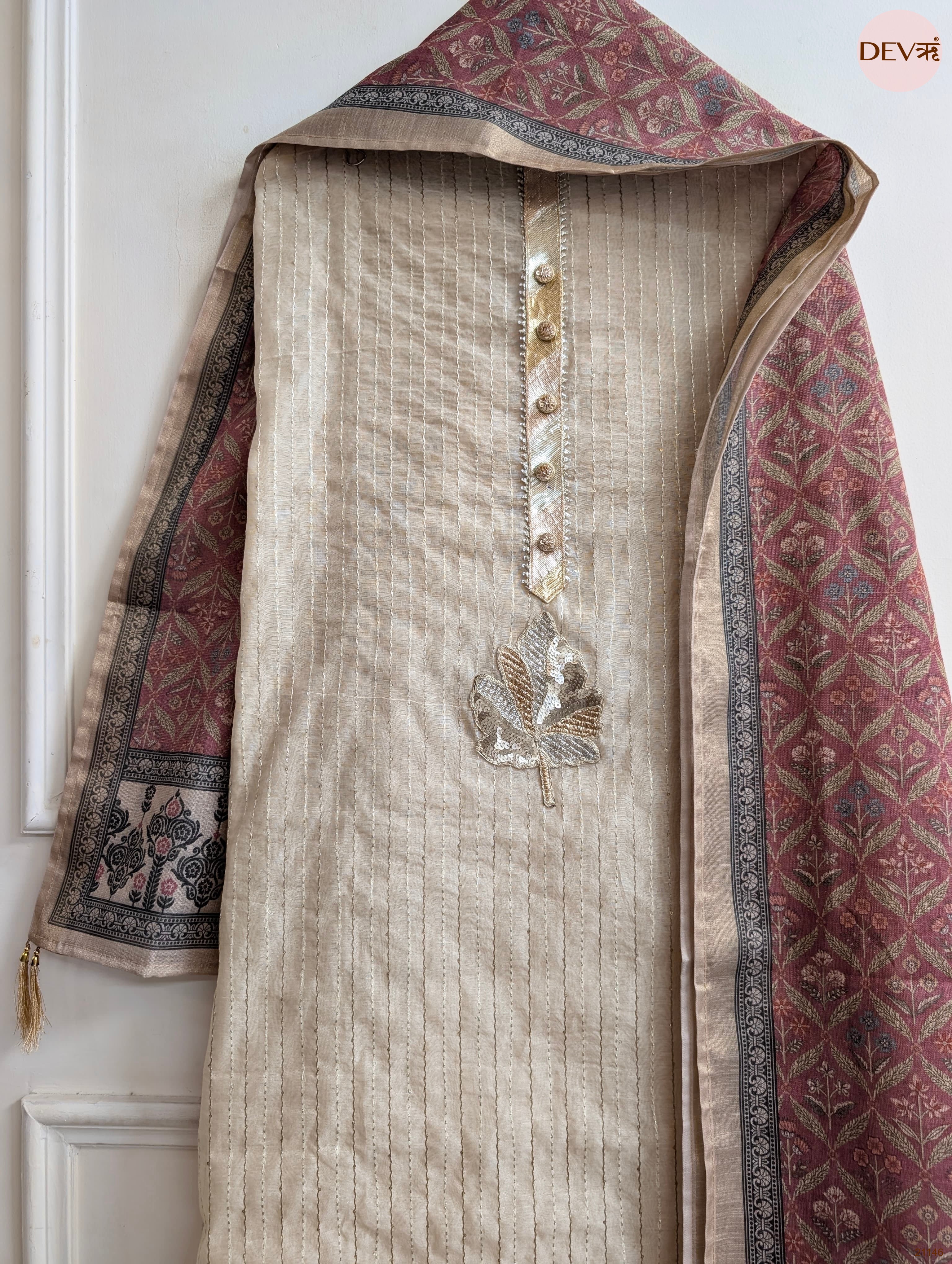 Cream Pure Chanderi Embroidered Unstitched 3-Piece Suit (Devri – D.No 21146)