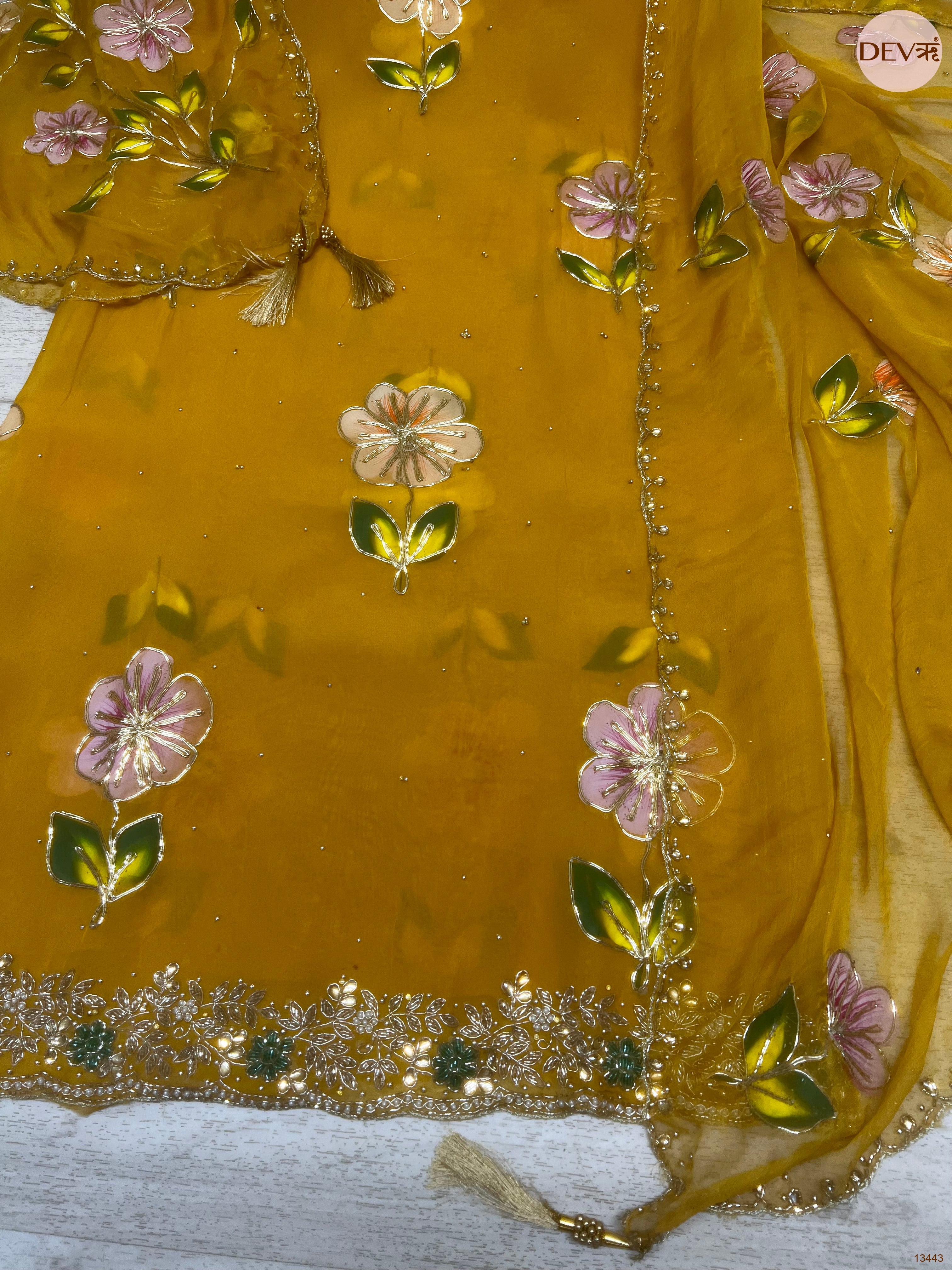 Mustard Handwork viscose organza Unstitched 3-Piece Suit (Devri – D.No 13443)