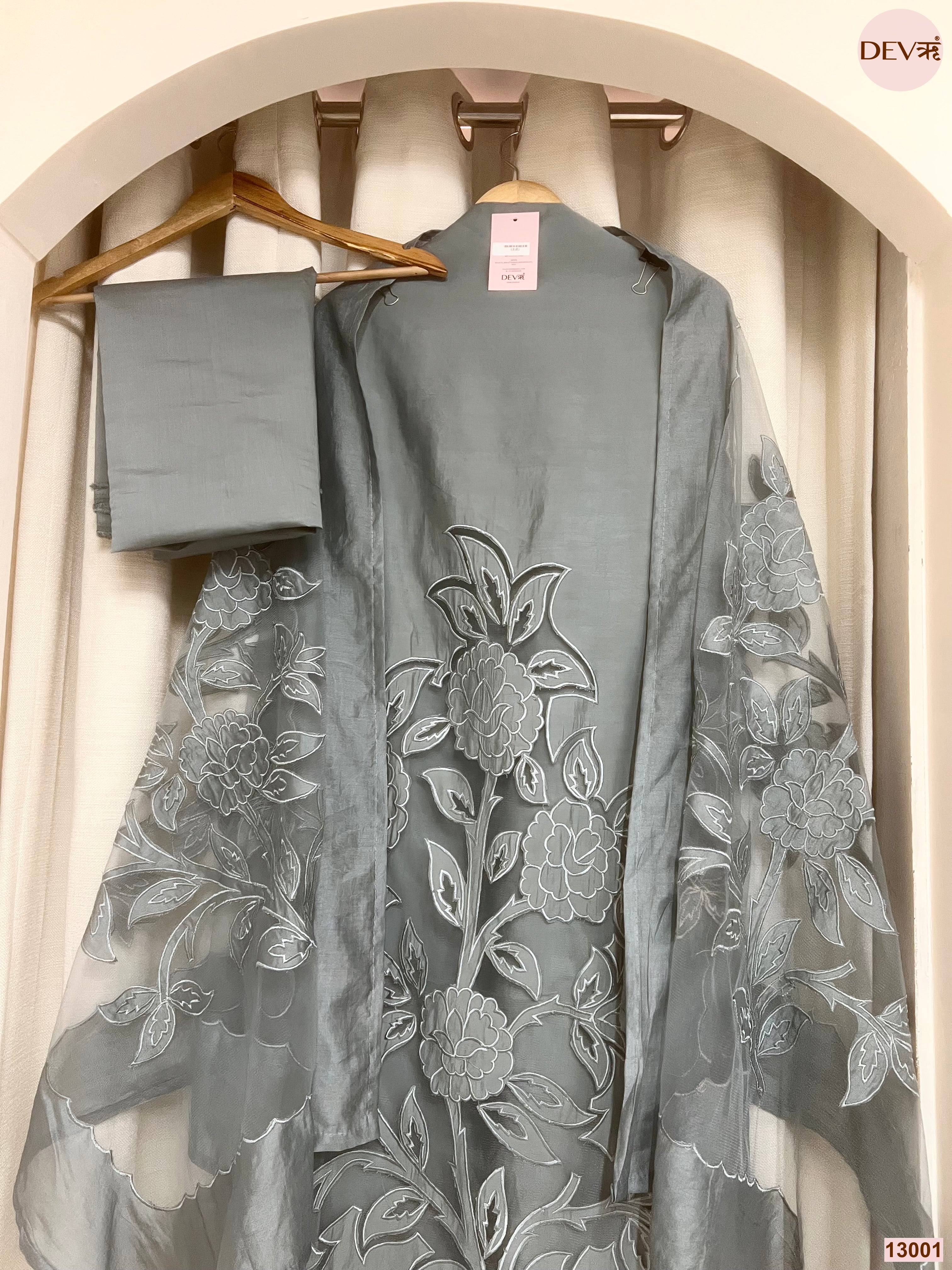 Grey Roman Silk Embroidered Unstitched 3-Piece Suit (Devri – D.No 13001)