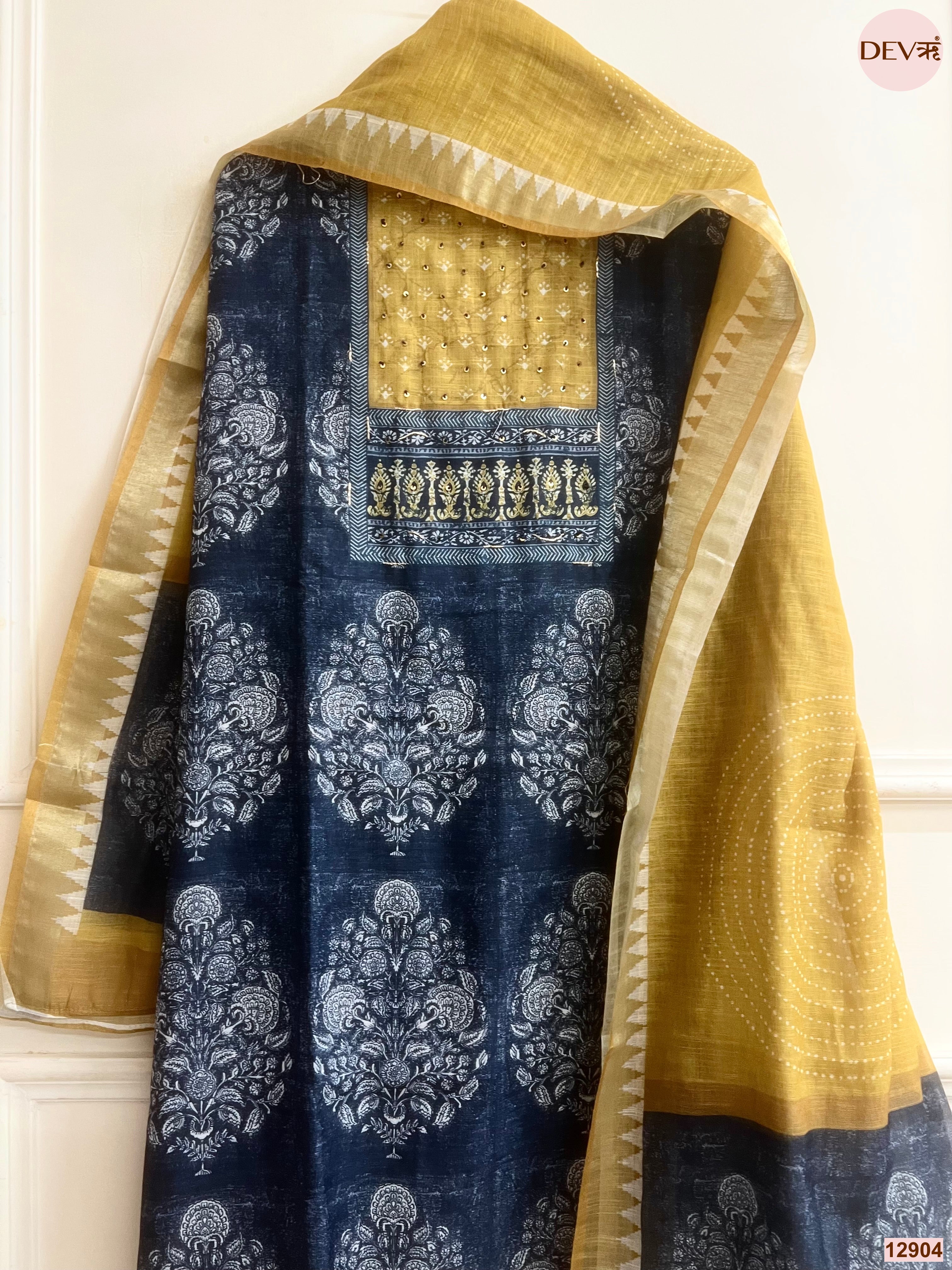 Mustard Linen Cotton Printed Unstitched 3-Piece Suit (Devri – D.No 12904)