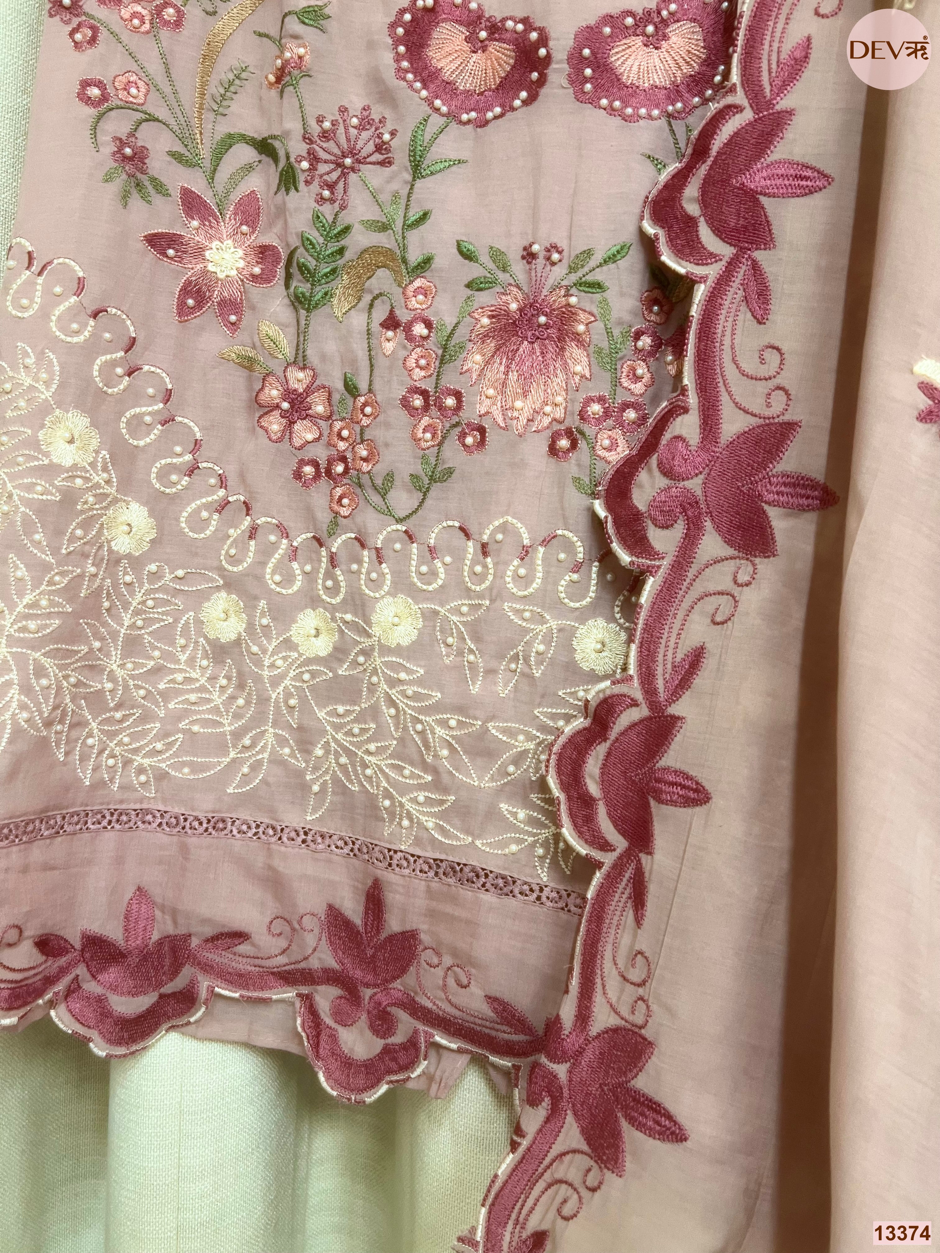Pink Mul Cotton Embroidered Unstitched 3-Piece Suit (Devri – D.No 13374)