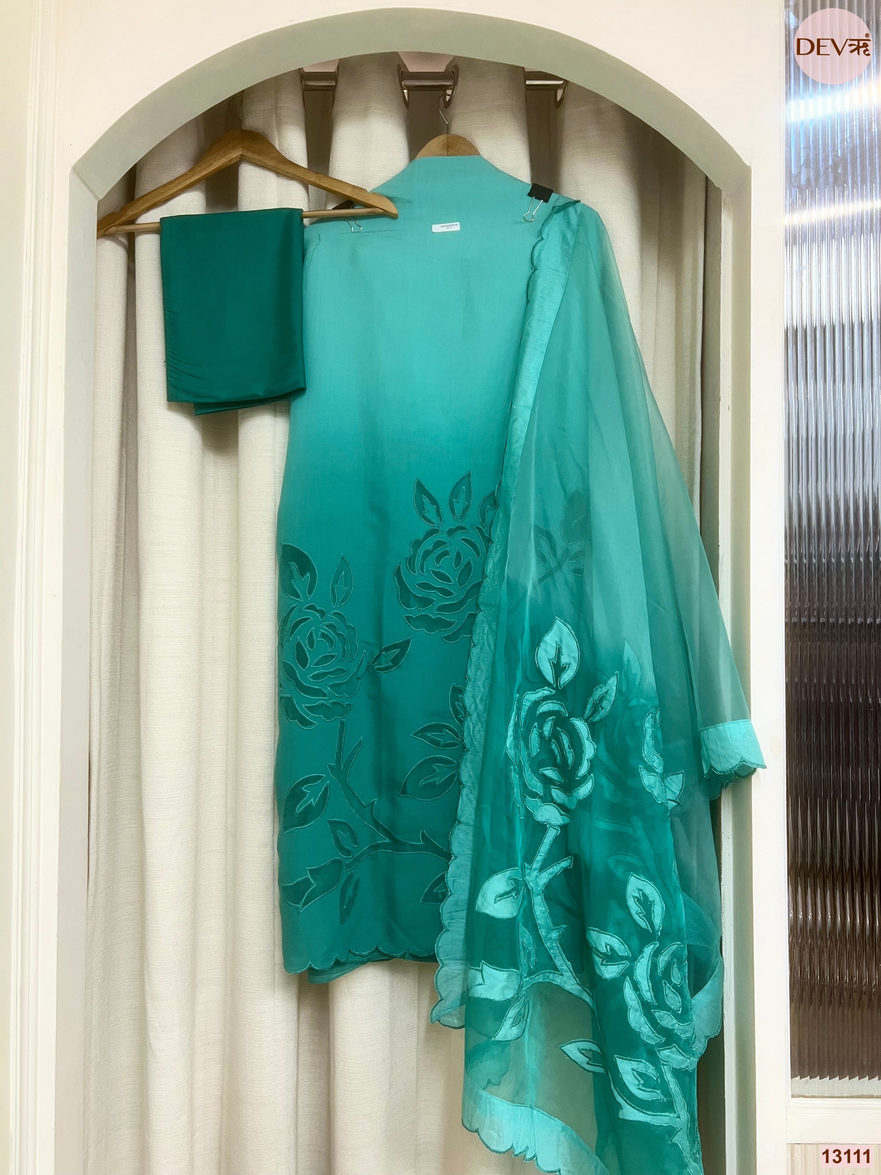 Turquoise Mul Chanderi Embroidered Unstitched 3-Piece Suit (Devri – D.No 13111)