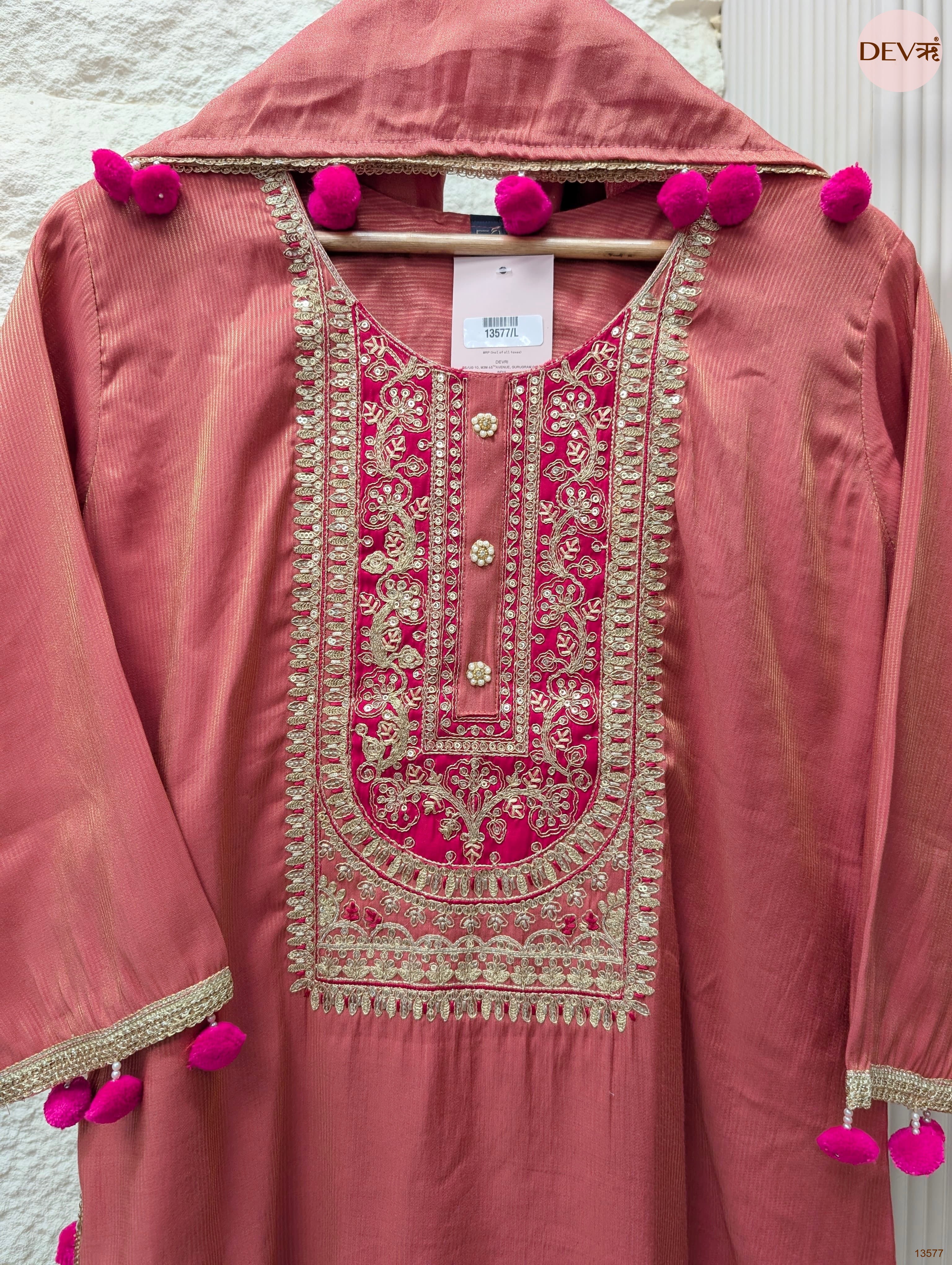 Gulnaar Tissue silk Embroidered Dusty Rose 3-Piece Set (Devri – D.No 13577)