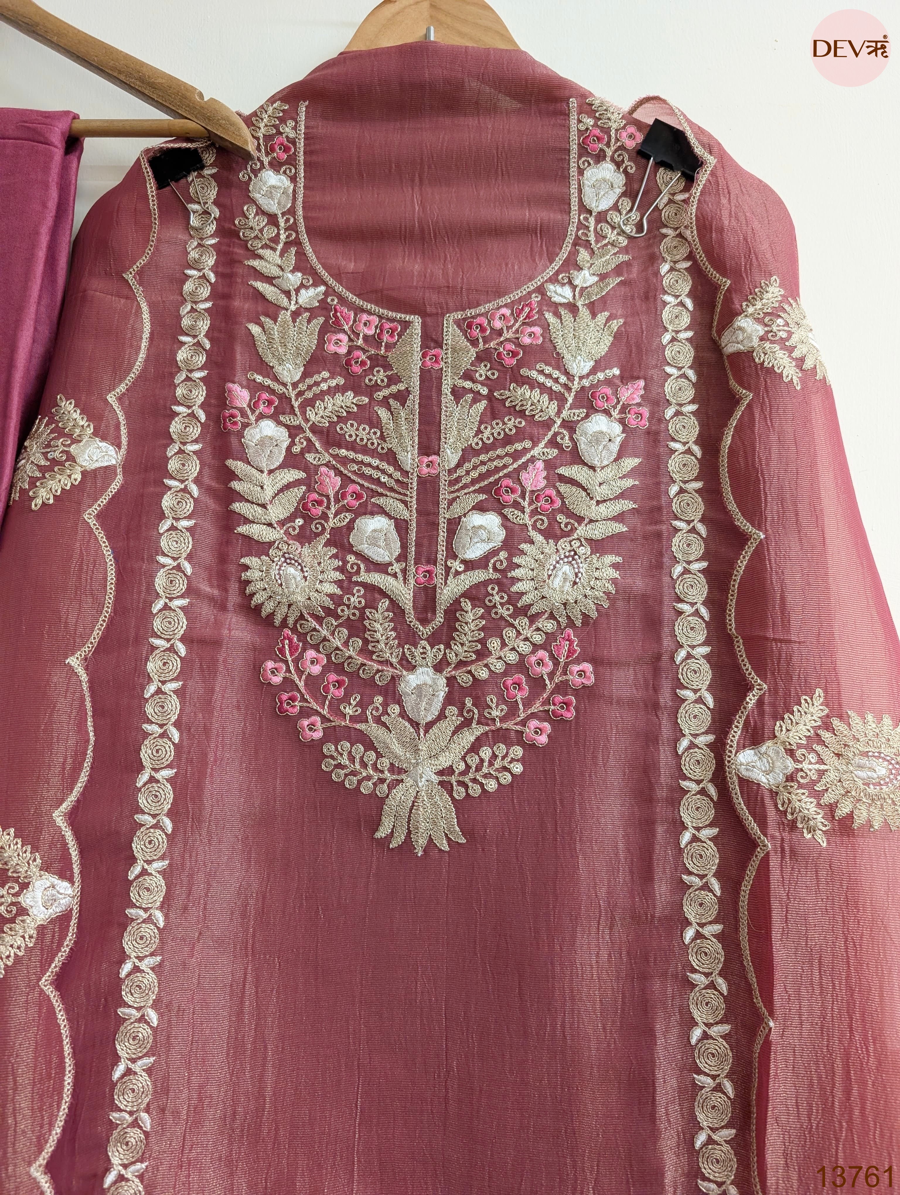 Mauve Pure Tissue Silk Embroidered Unstitched 3-Piece Suit (Devri – D.No 13761)