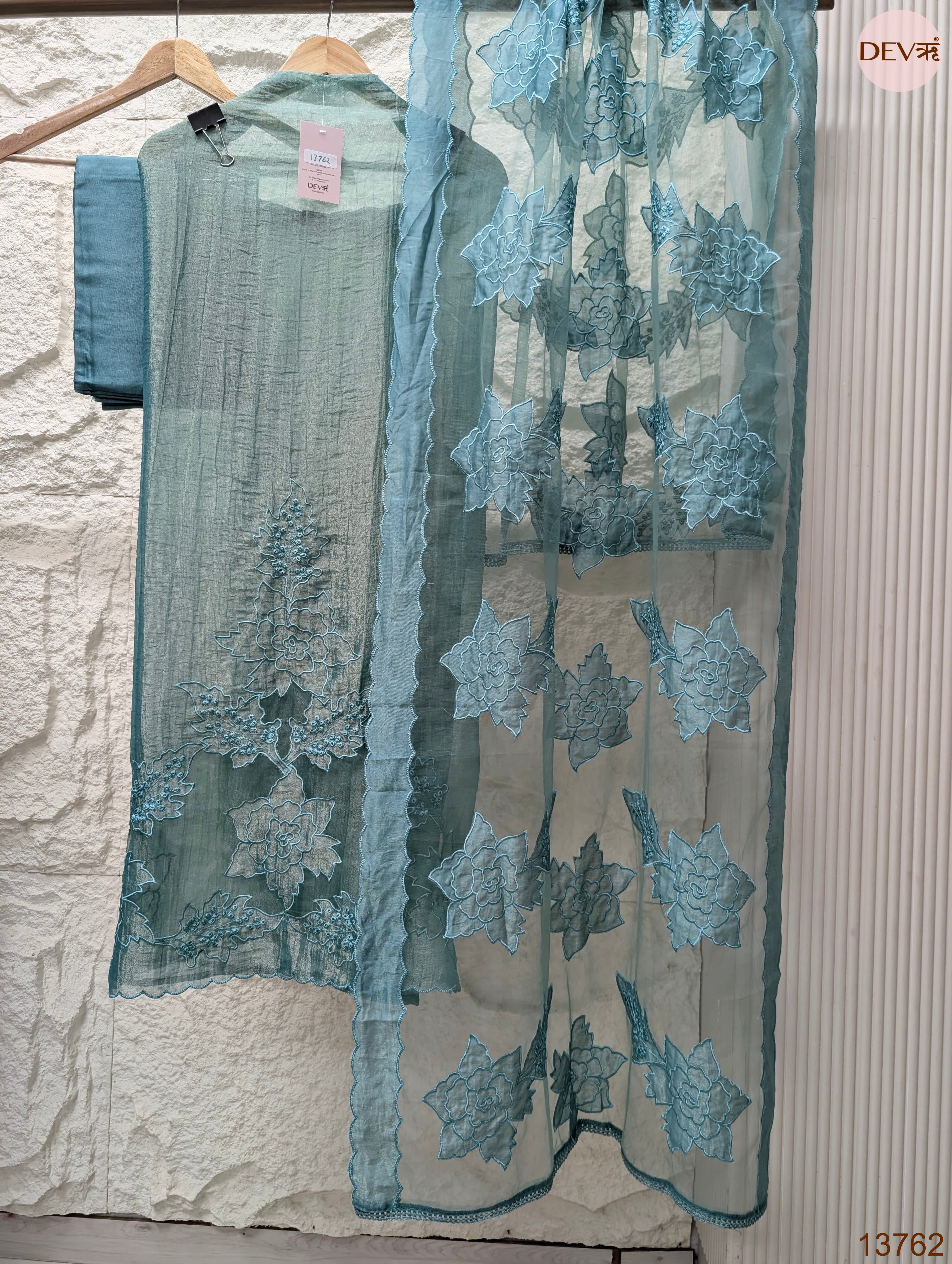 Teal Tissue Silk Embroidered Unstitched 3-Piece Suit (Devri – D.No 13762)