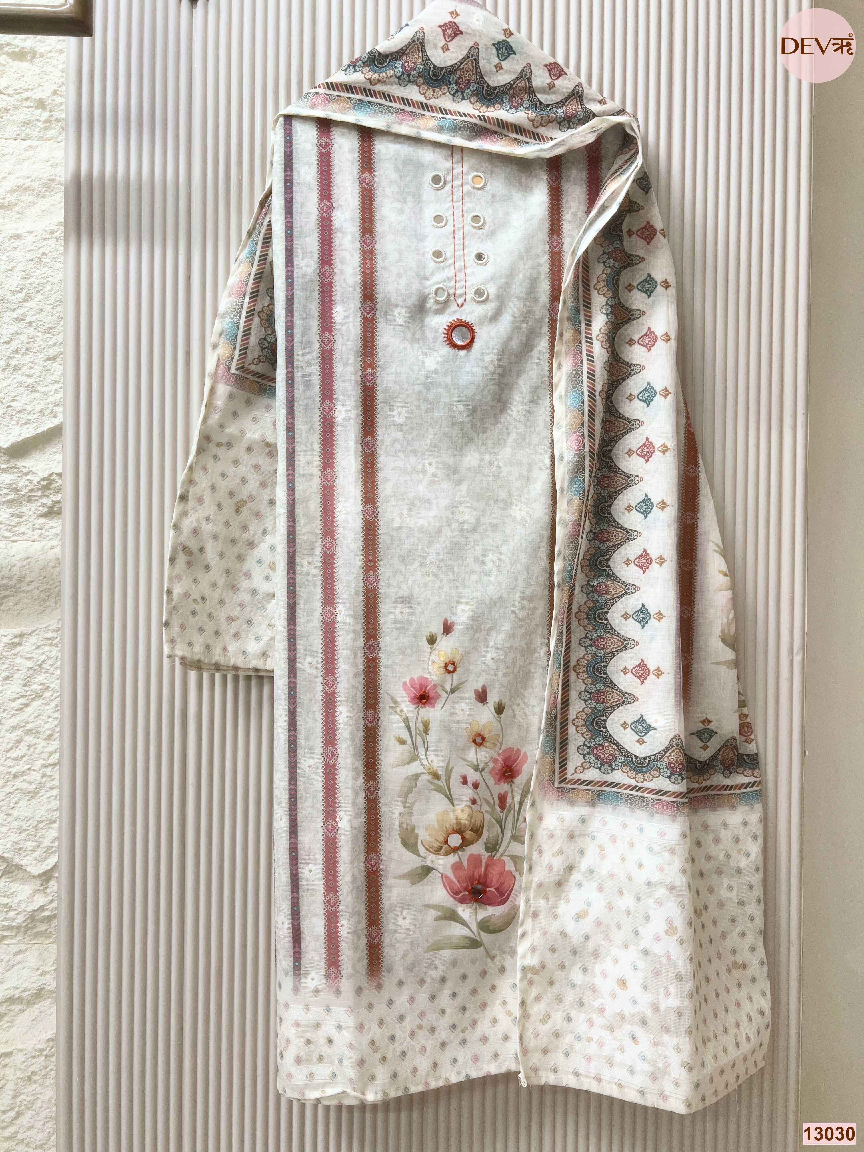 Off White Pure Linen Cotton Printed Unstitched 3-Piece Suit (Devri – D.No 13030)