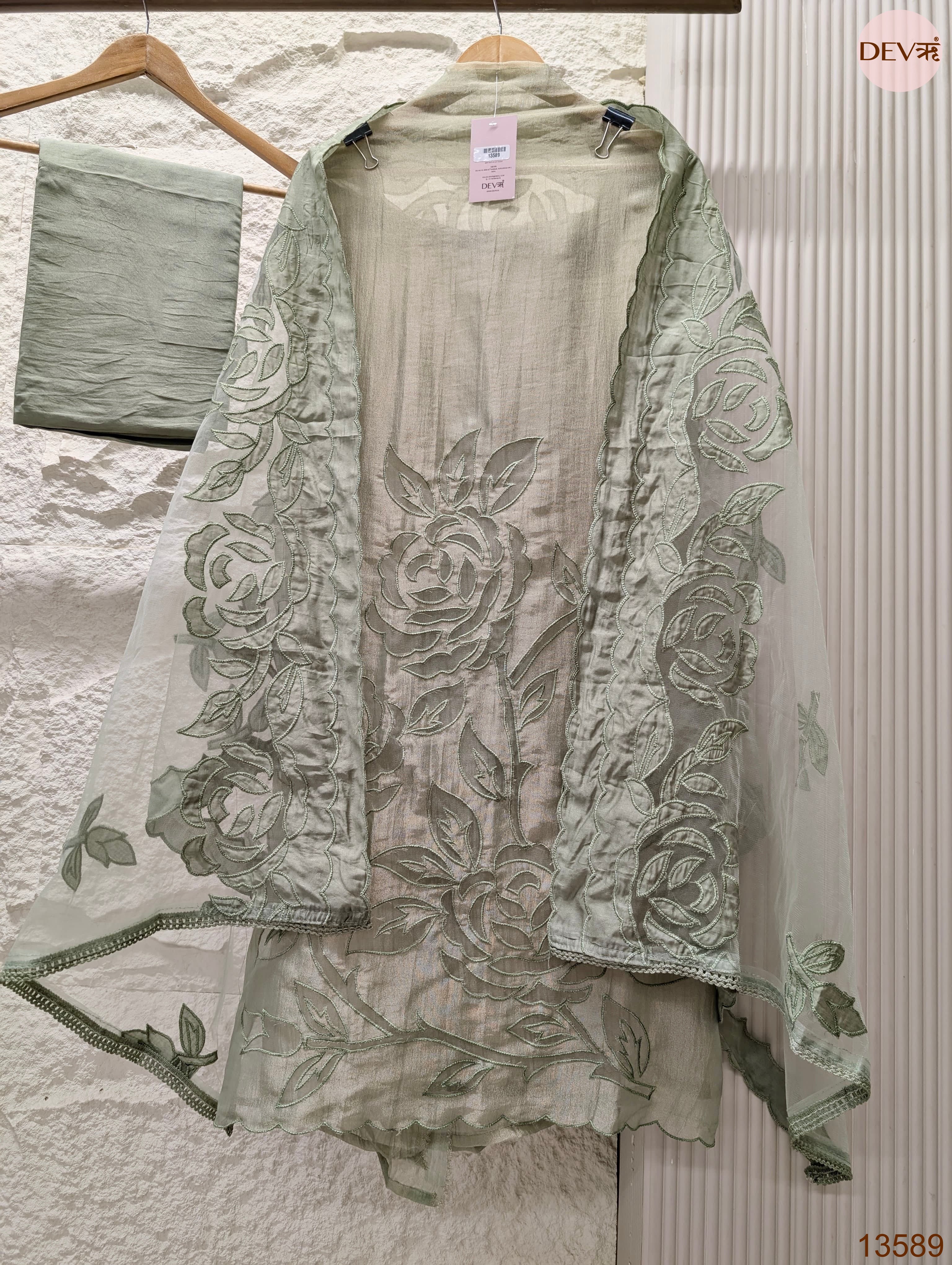 Sage Tissue Crush Silk Embroidered Unstitched 3-Piece Suit (Devri – D.No 13589)