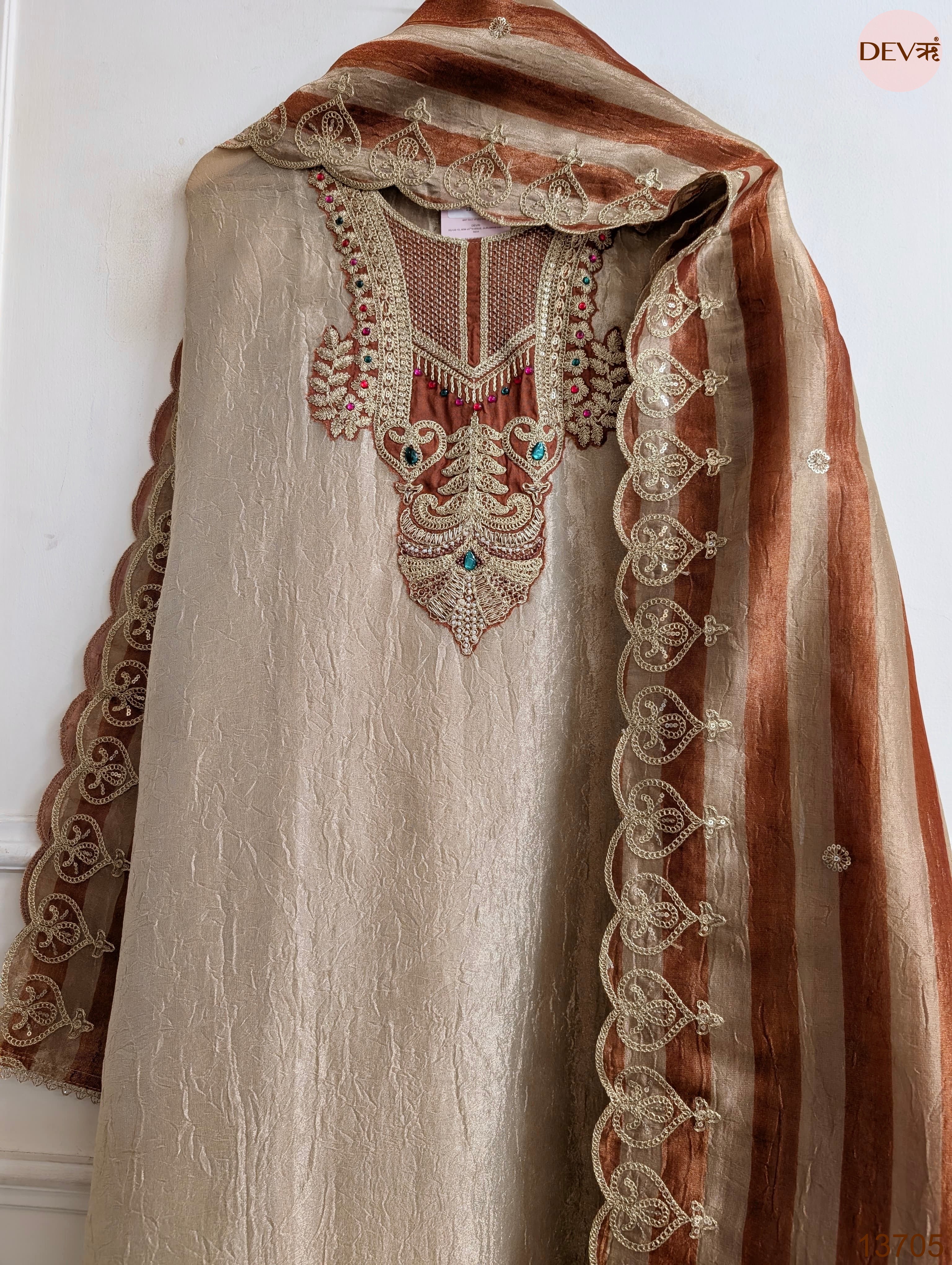 Beige Pure Tissue Silk Embroidered Unstitched 3-Piece Suit (Devri – D.No 13705)