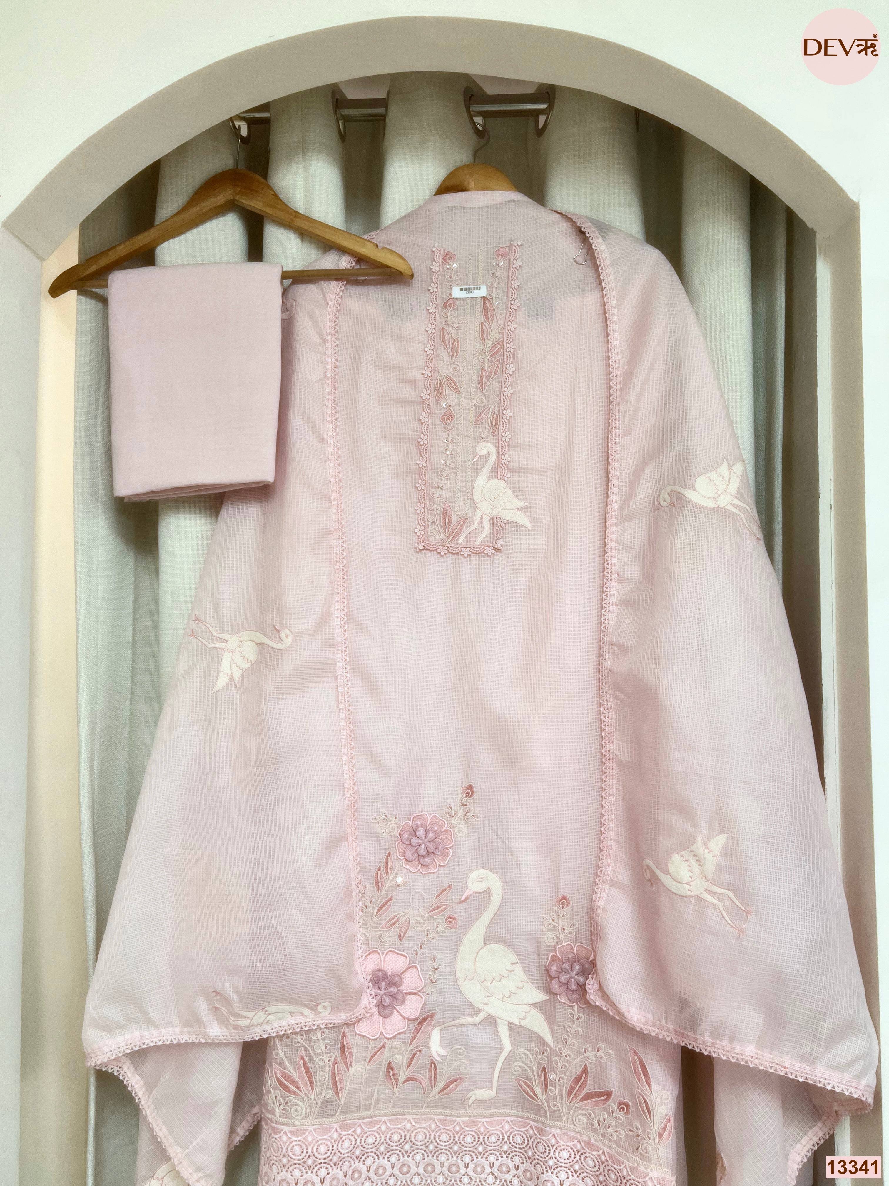 Pink Kota Embroidered Unstitched 3-Piece Suit (Devri – D.No 13341)