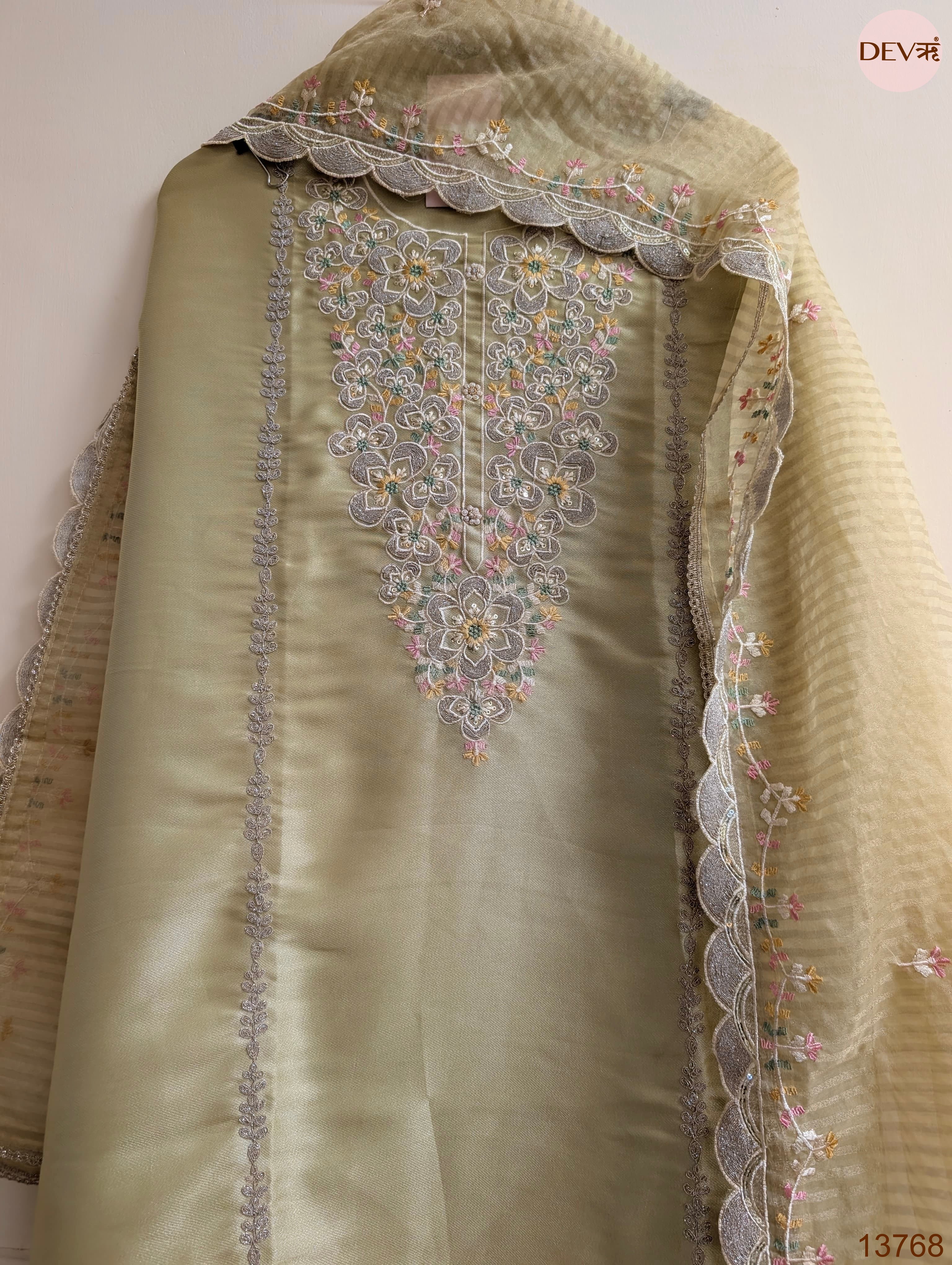 Olive Tissue Silk Embroidered Unstitched 3-Piece Suit (Devri – D.No 13768)