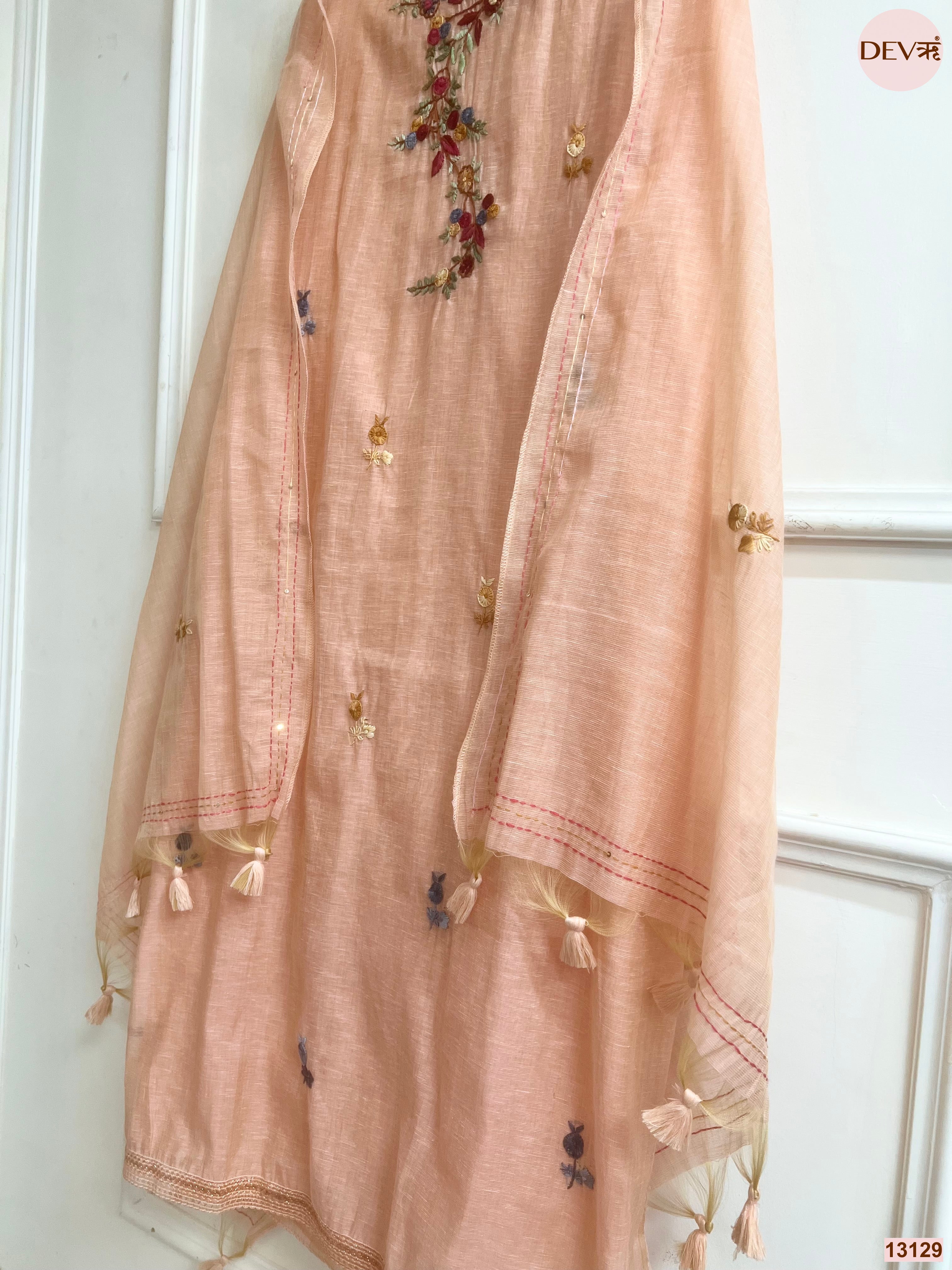Peach Jamdani Cotton Embroidered Unstitched 3-Piece Suit (Devri – D.No 13129)