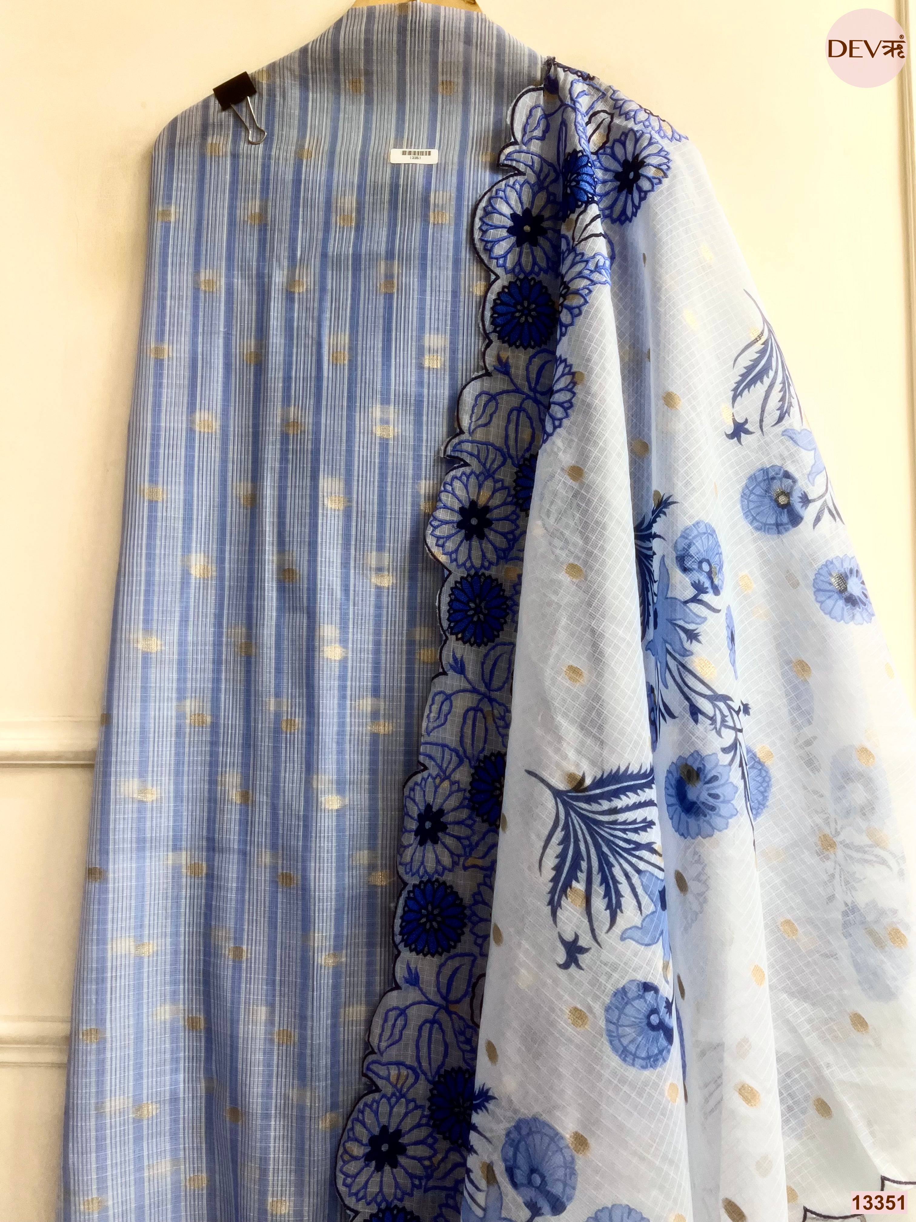 Blue Zari Kota Printed Unstitched 3-Piece Suit (Devri – D.No 13351)