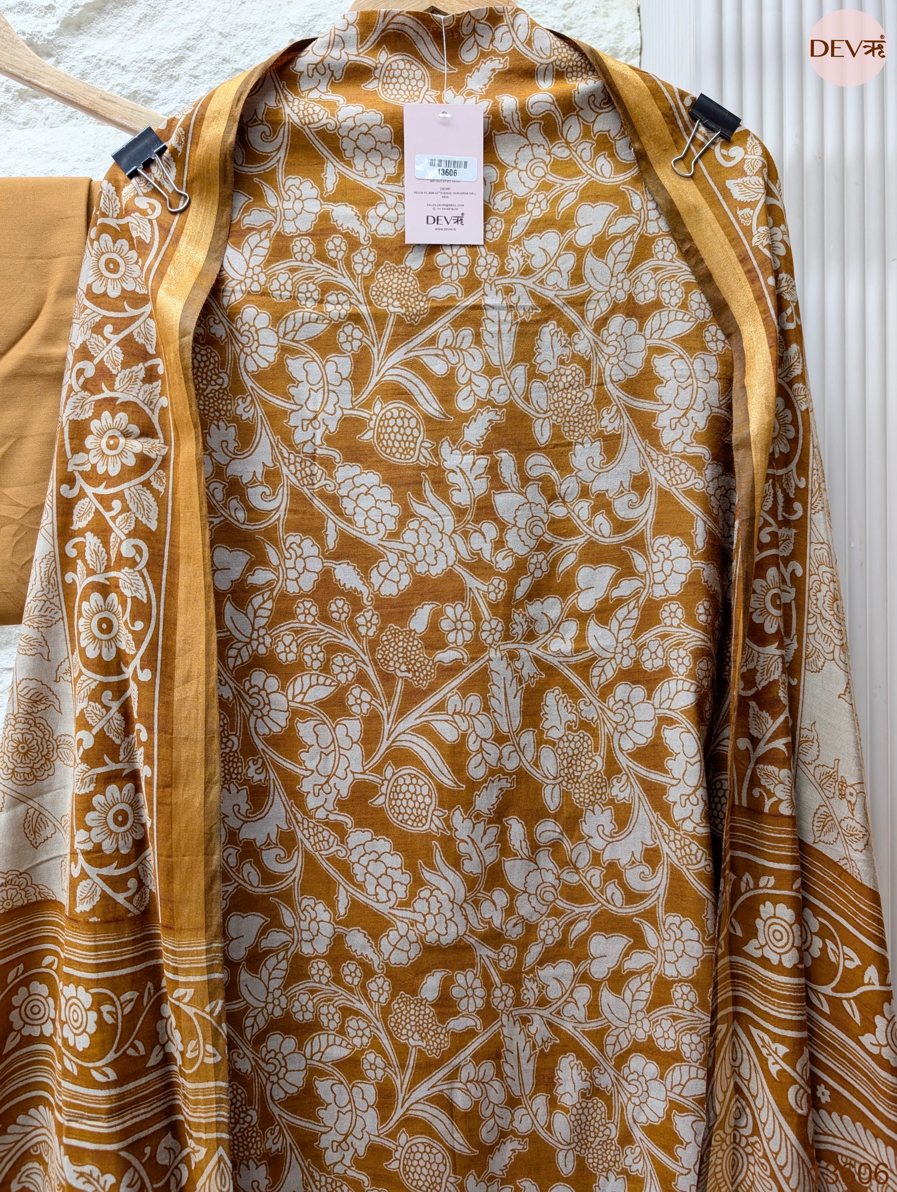 Mustard Maheshwari Silk Printed Unstitched 3-Piece Suit (Devri – D.No 13606)
