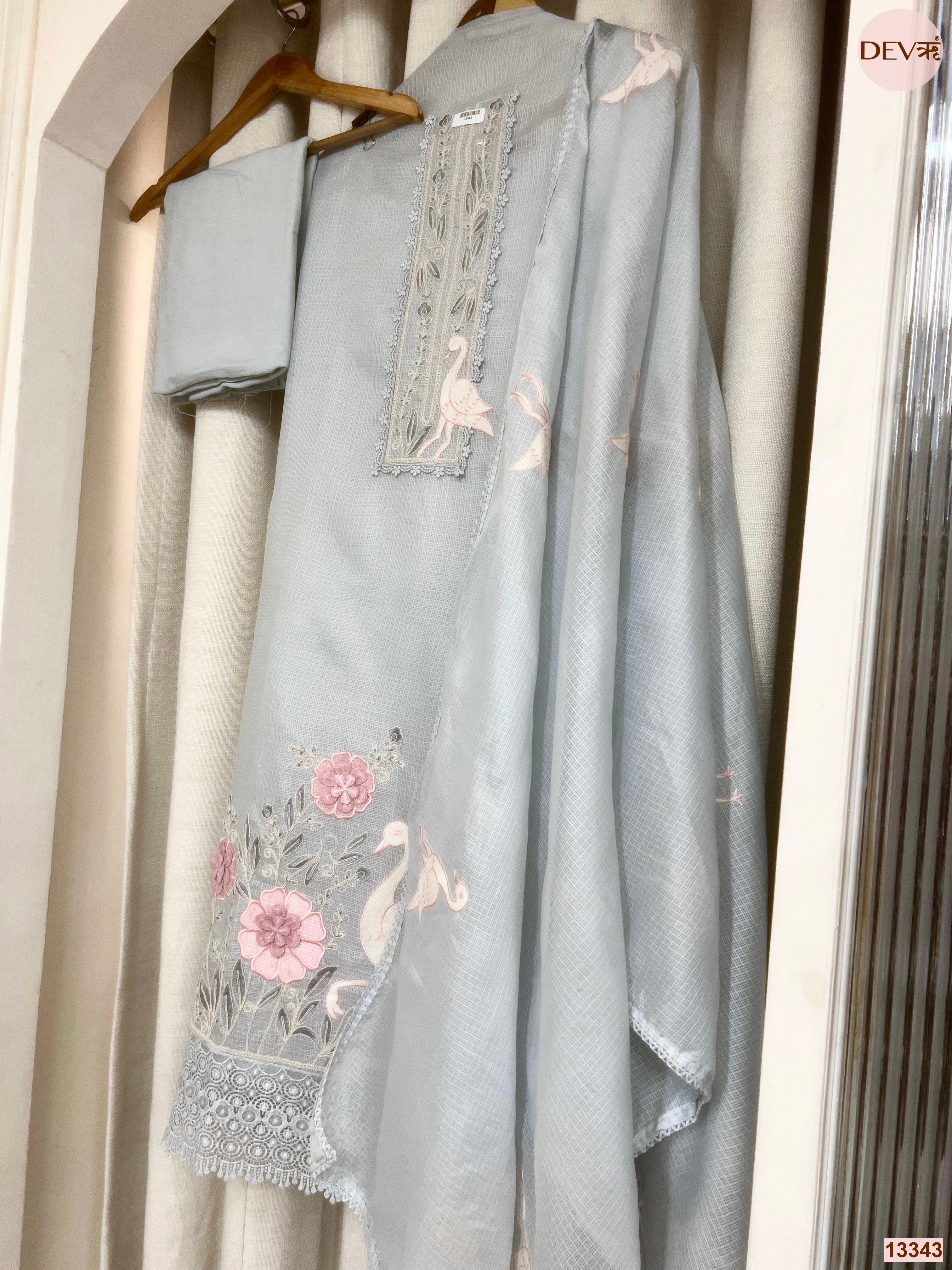 Grey Kota Embroidered Unstitched 3-Piece Suit (Devri – D.No 13343)