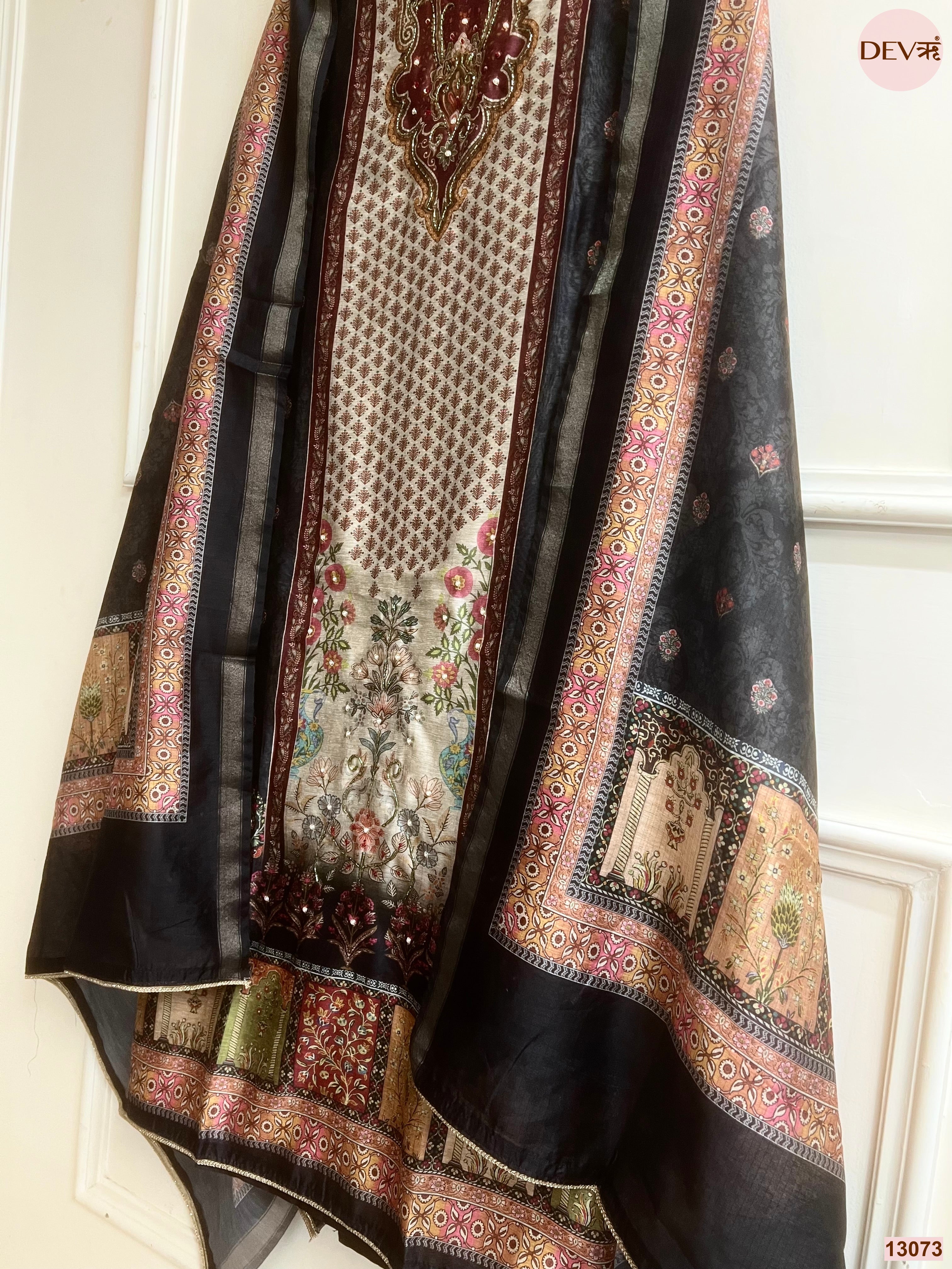 Black Linen Cotton Printed Unstitched 3-Piece Suit (Devri – D.No 13073)