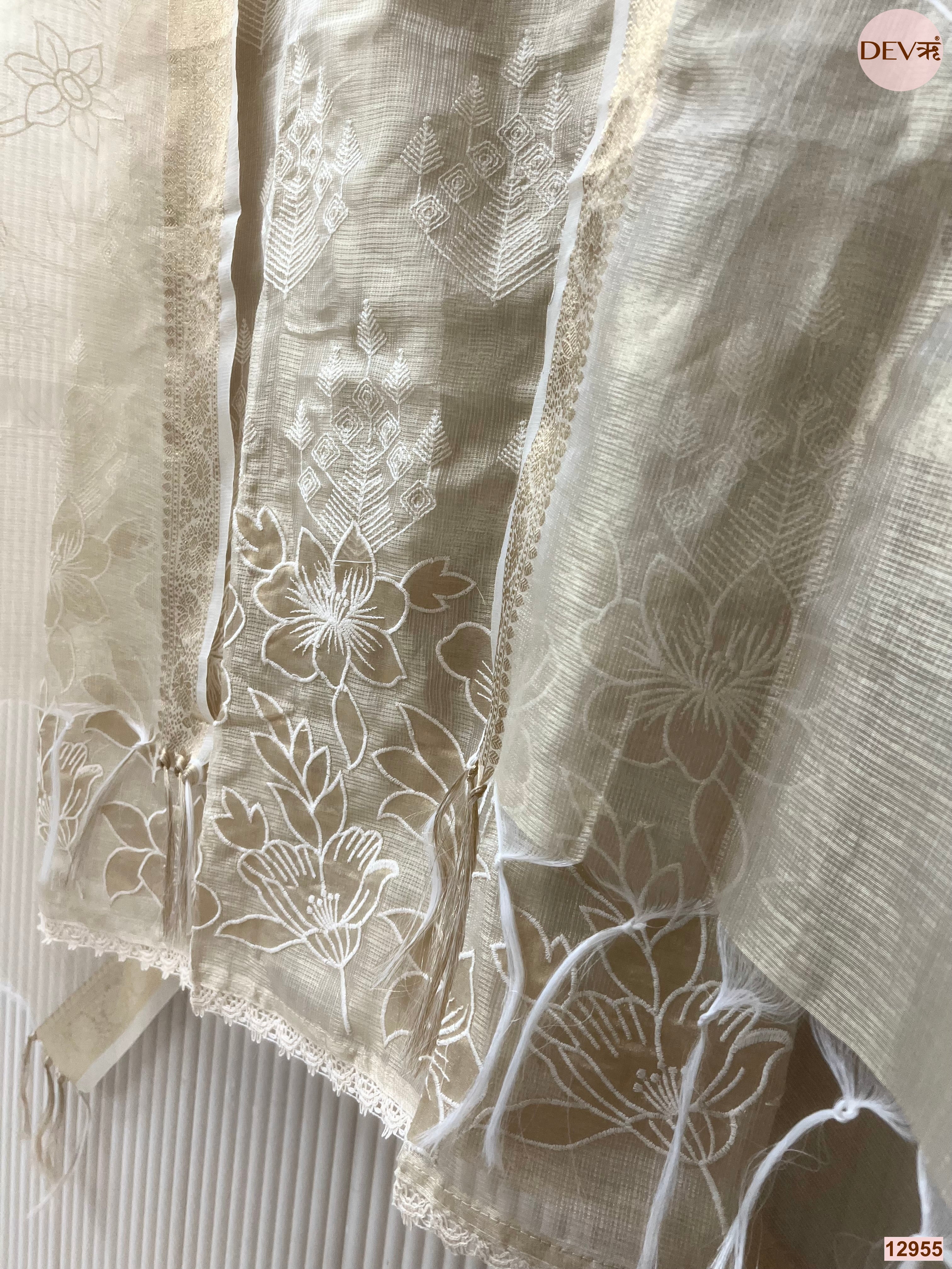 Cream Kota silk Embroidered Unstitched 3-Piece Suit (Devri – D.No 12955)