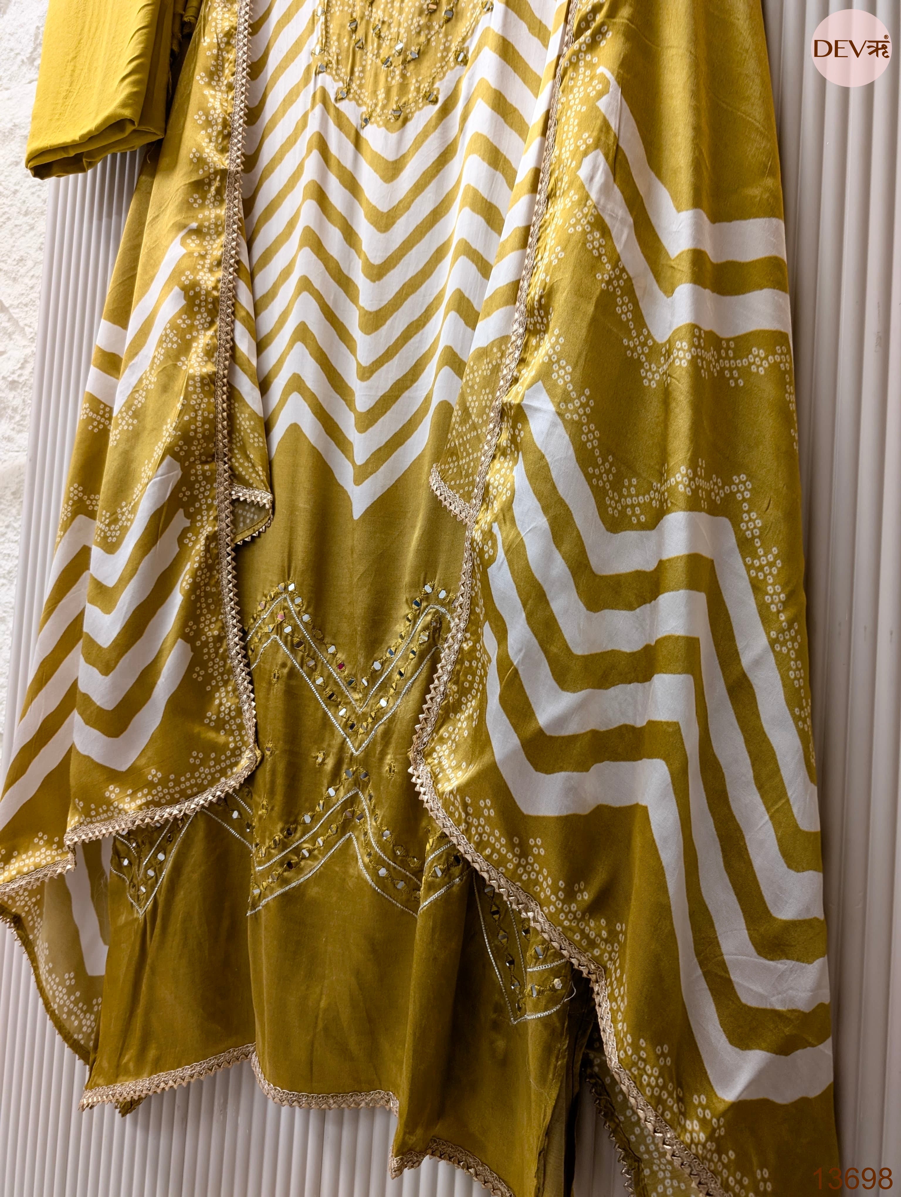 Mustard Pure Gajji Silk Printed Unstitched 3-Piece Suit (Devri – D.No 13698)