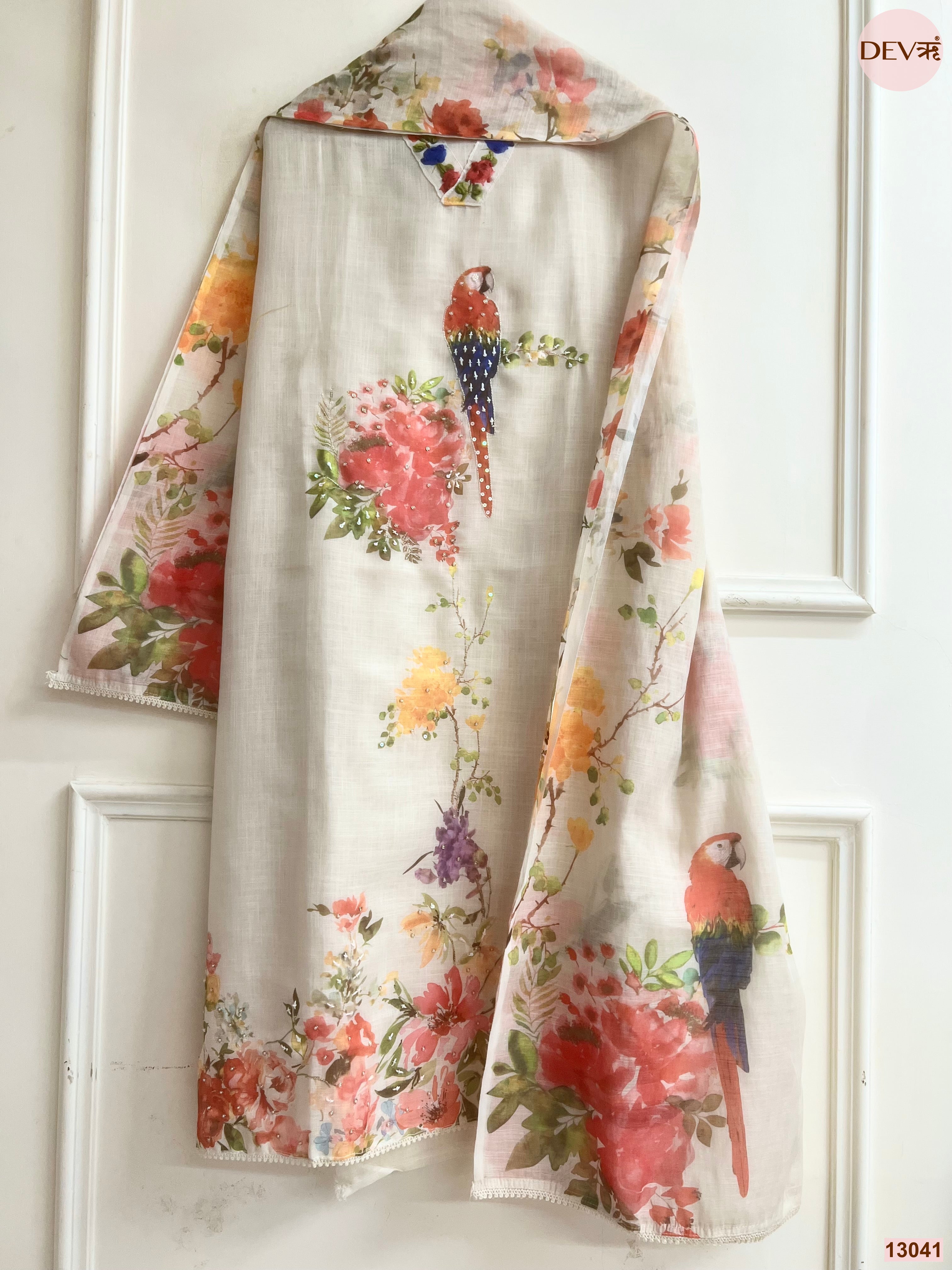 Beige Linen Printed Unstitched 3-Piece Suit (Devri – D.No 13041)