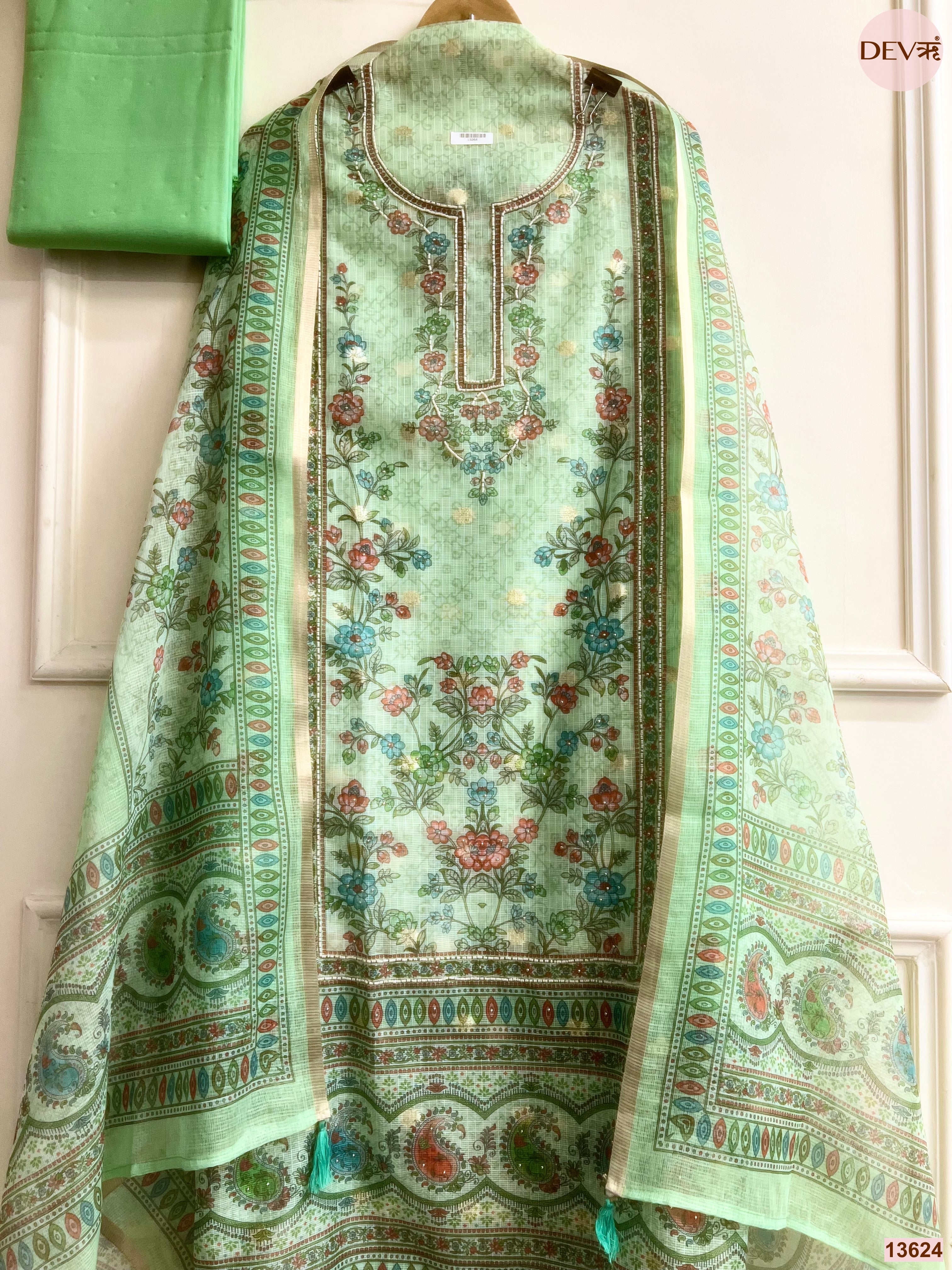 Mint Kota Zari Printed Unstitched 3-Piece Suit (Devri – D.No 13624)