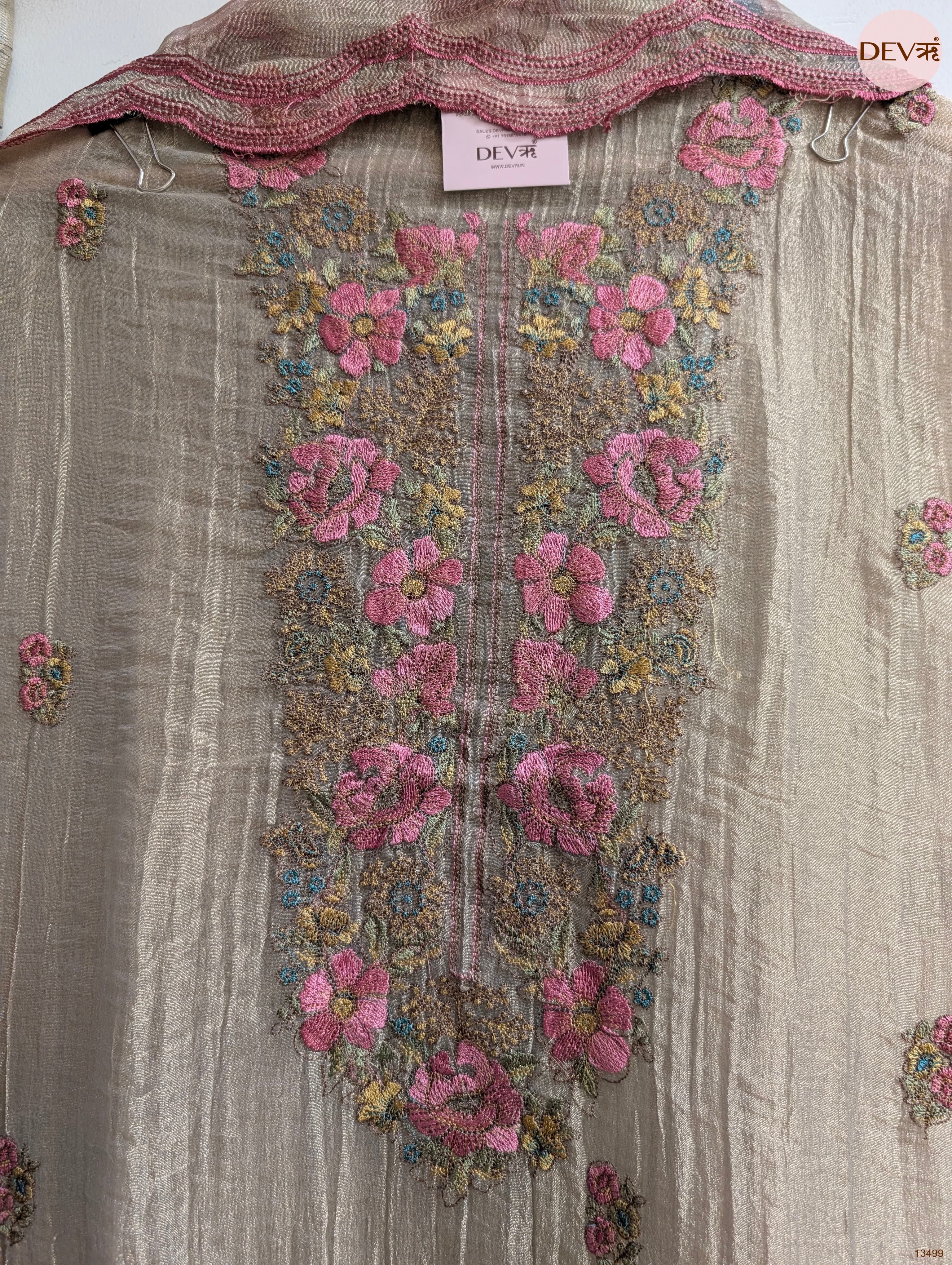 Beige Tissue Crush Silk Embroidered Unstitched 3-Piece Suit (Devri – D.No 13499)