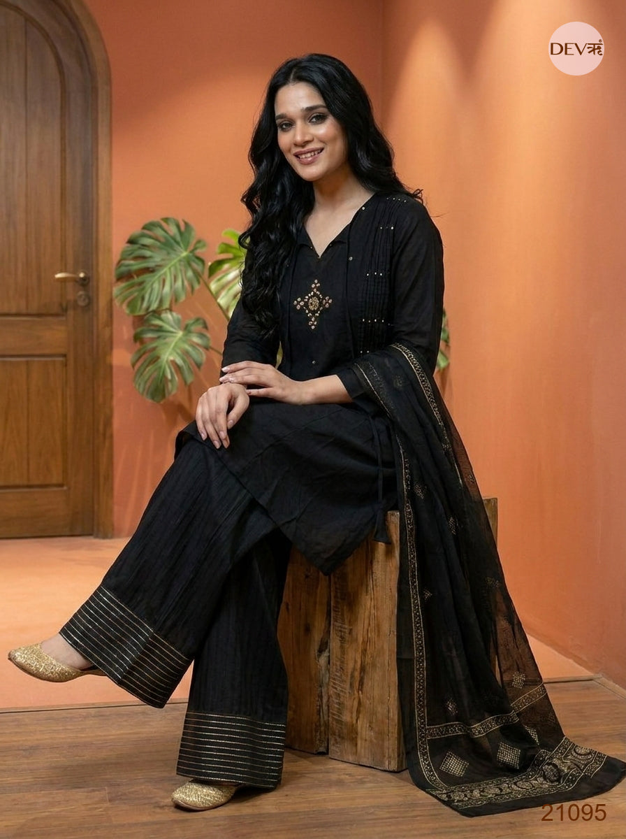 Noor Mul Chanderi Embroidered Black 3-Piece Set (Devri – D.No 21095)