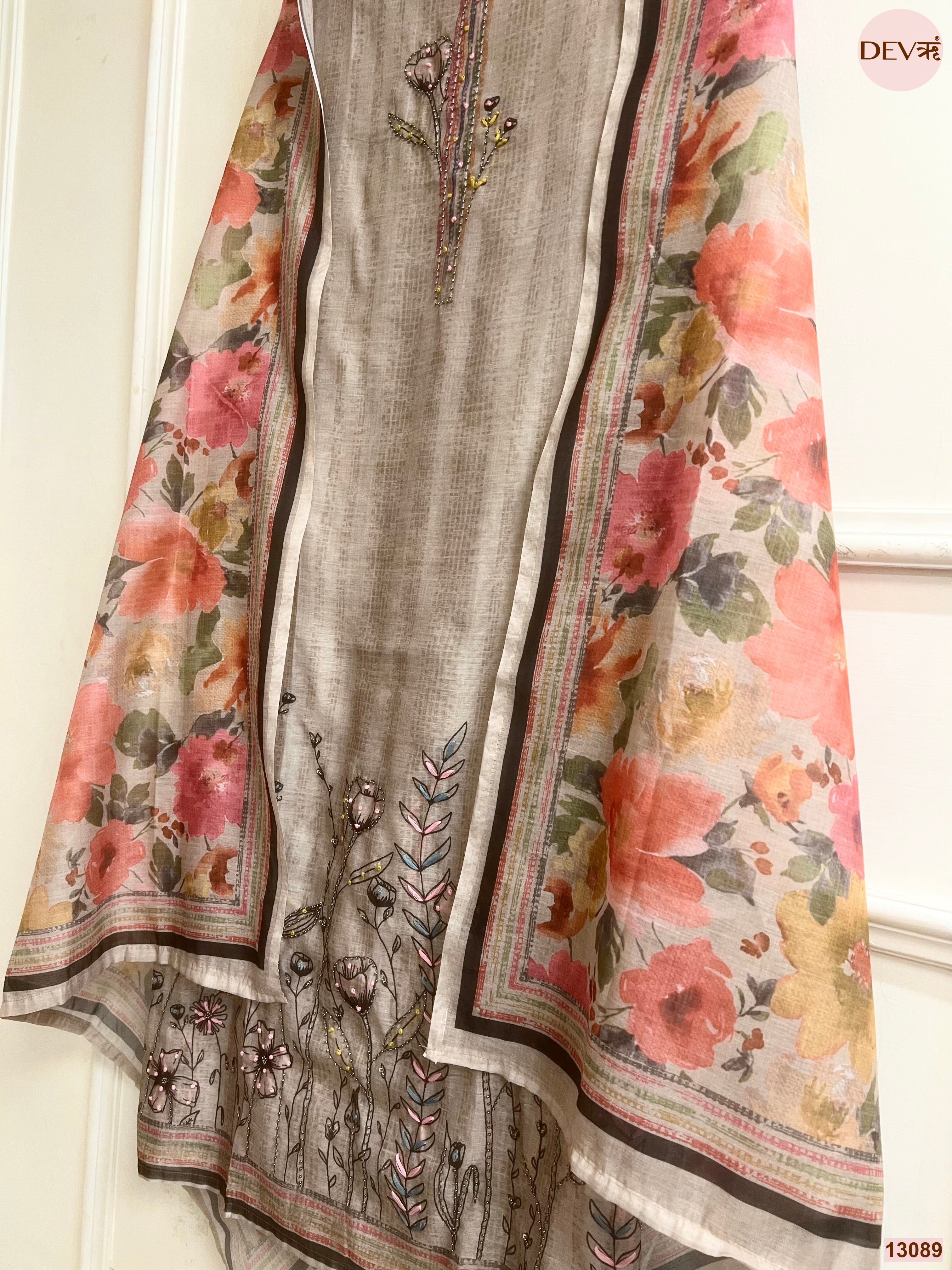 Beige Mul Chanderi Printed Unstitched 3-Piece Suit (Devri – D.No 13089)