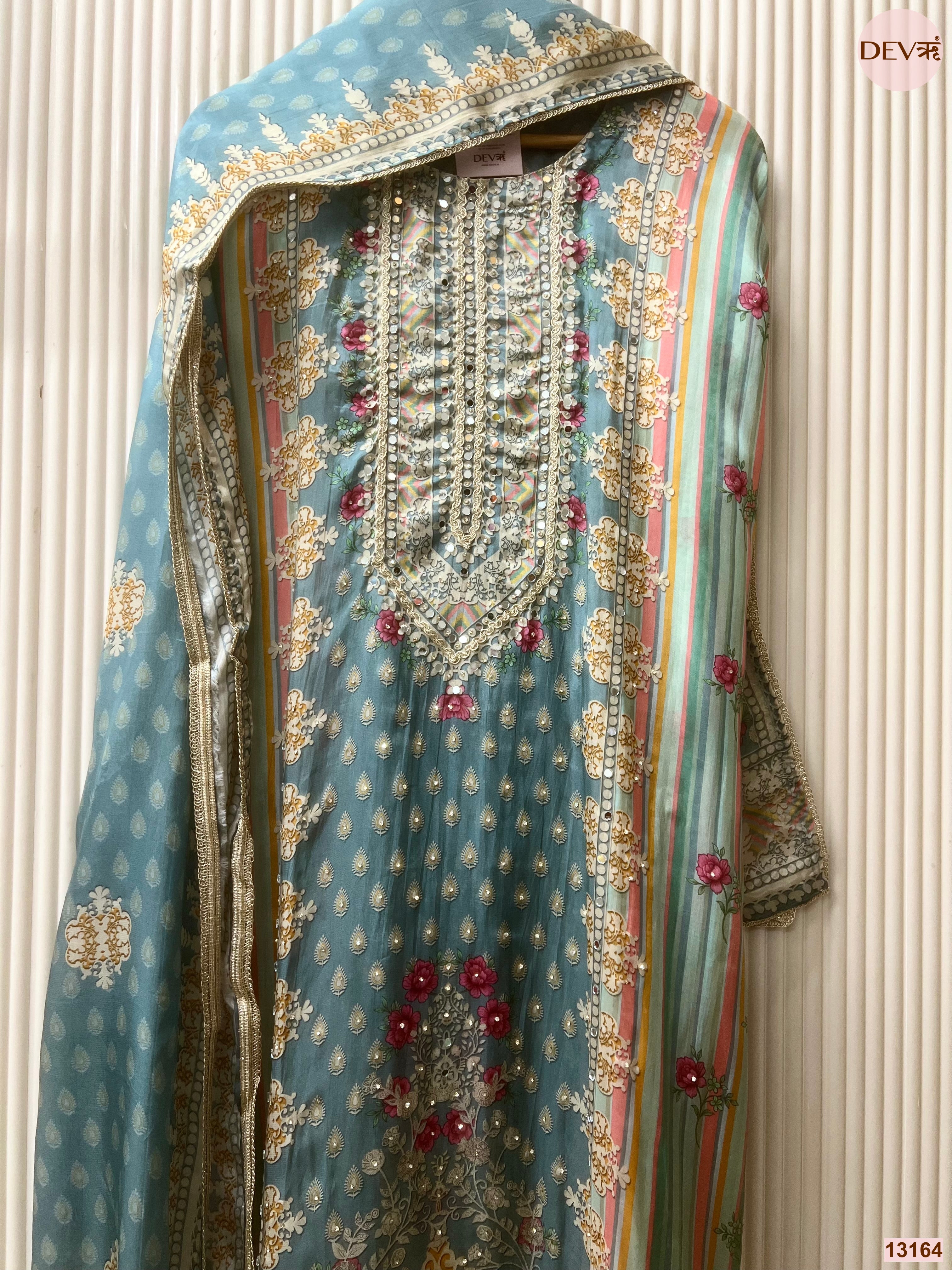 Blue Tissue Organza Printed Unstitched 3-Piece Suit (Devri – D.No 13164)