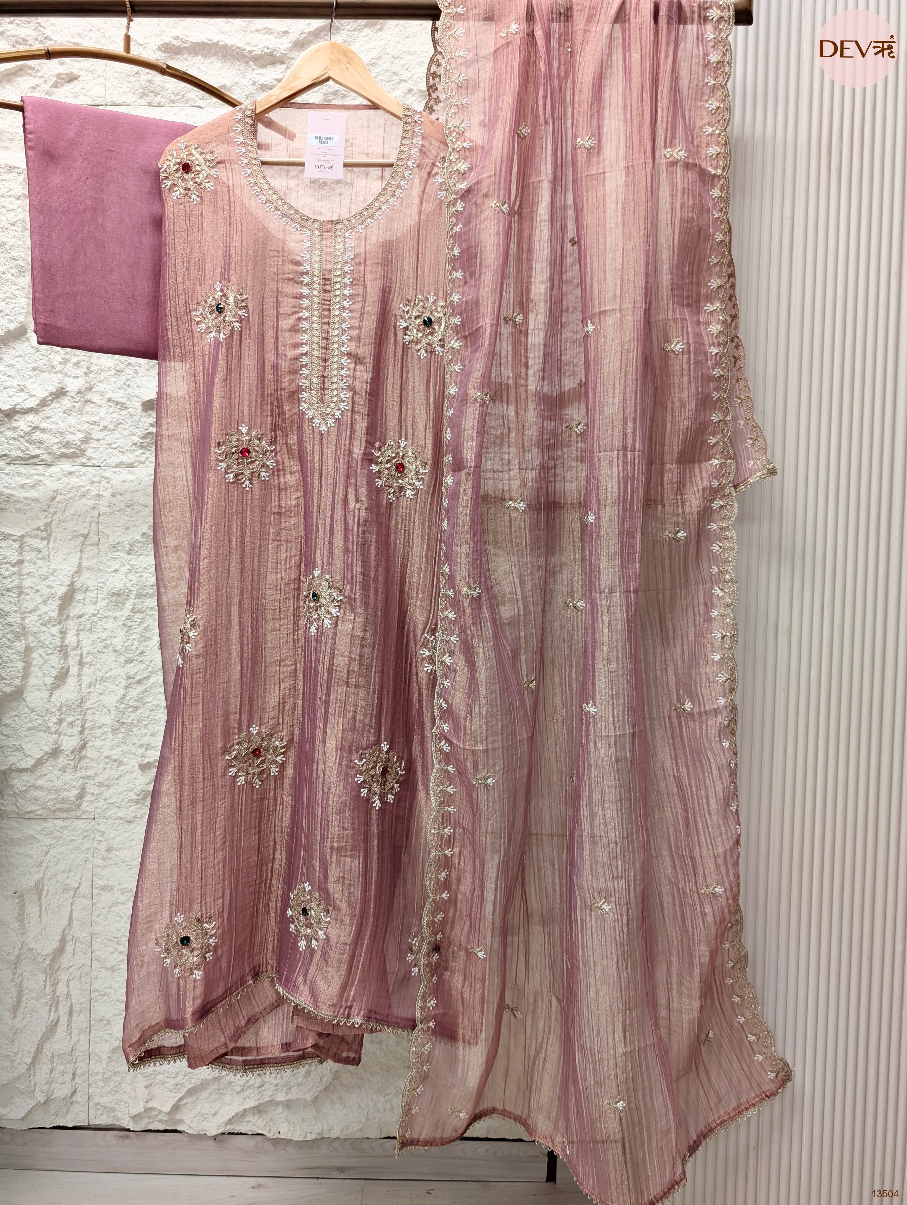 Pink Tissue Crush Silk Embroidered Unstitched 3-Piece Suit (Devri – D.No 13504)