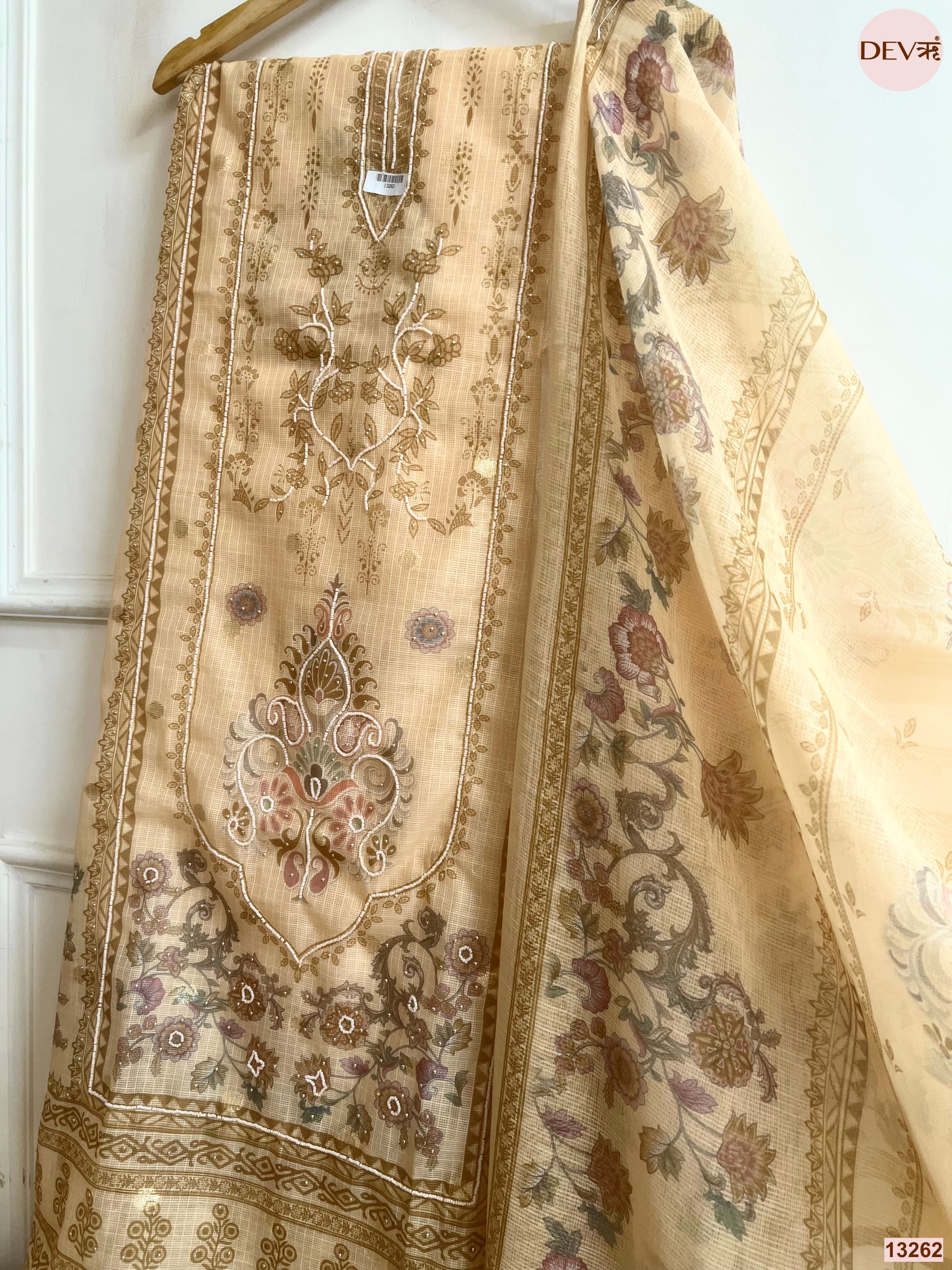 Beige Kota Printed Unstitched 3-Piece Suit (Devri – D.No 13262)