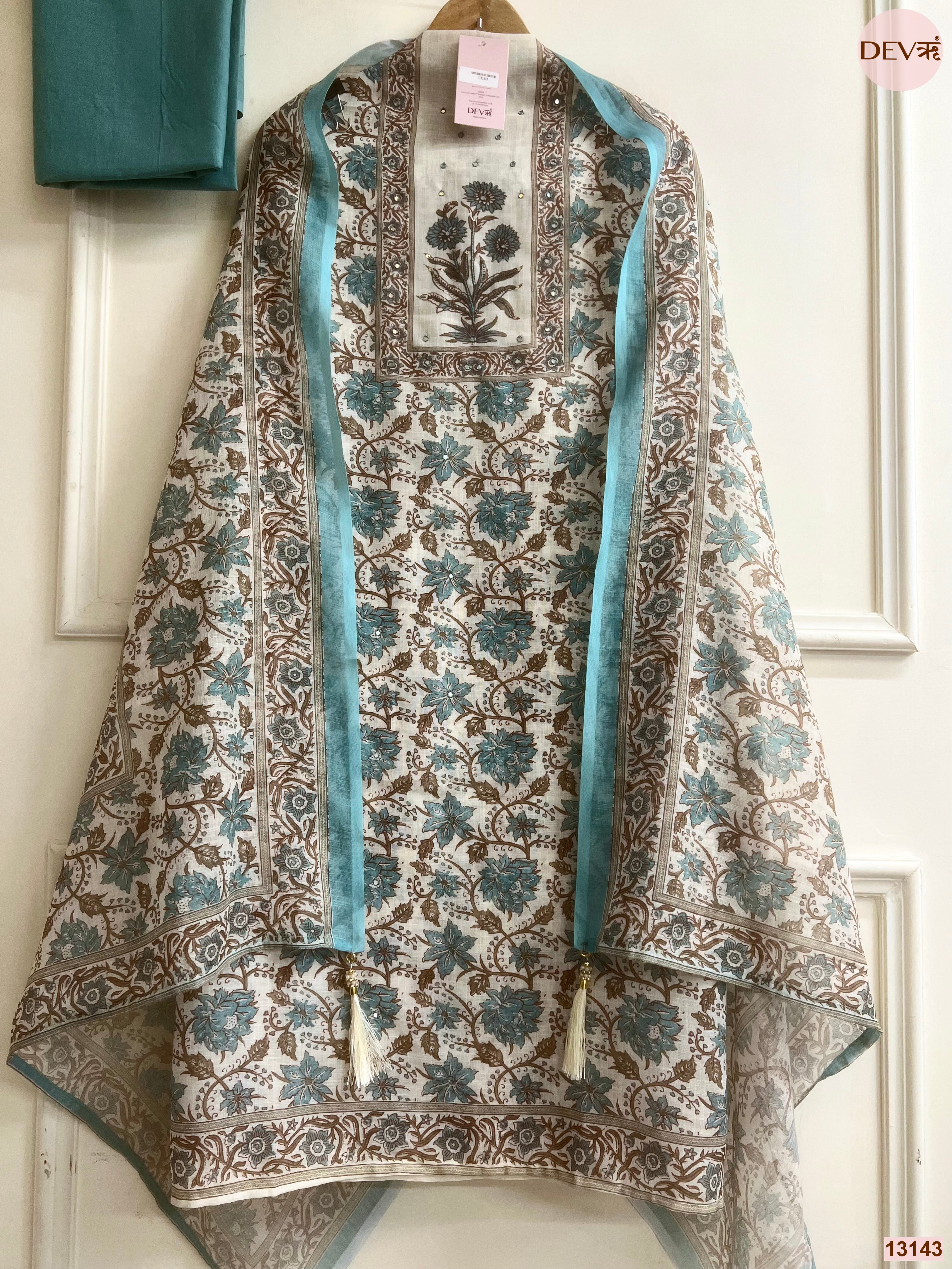 Teal Linen Printed Unstitched 3-Piece Suit (Devri – D.No 13143)