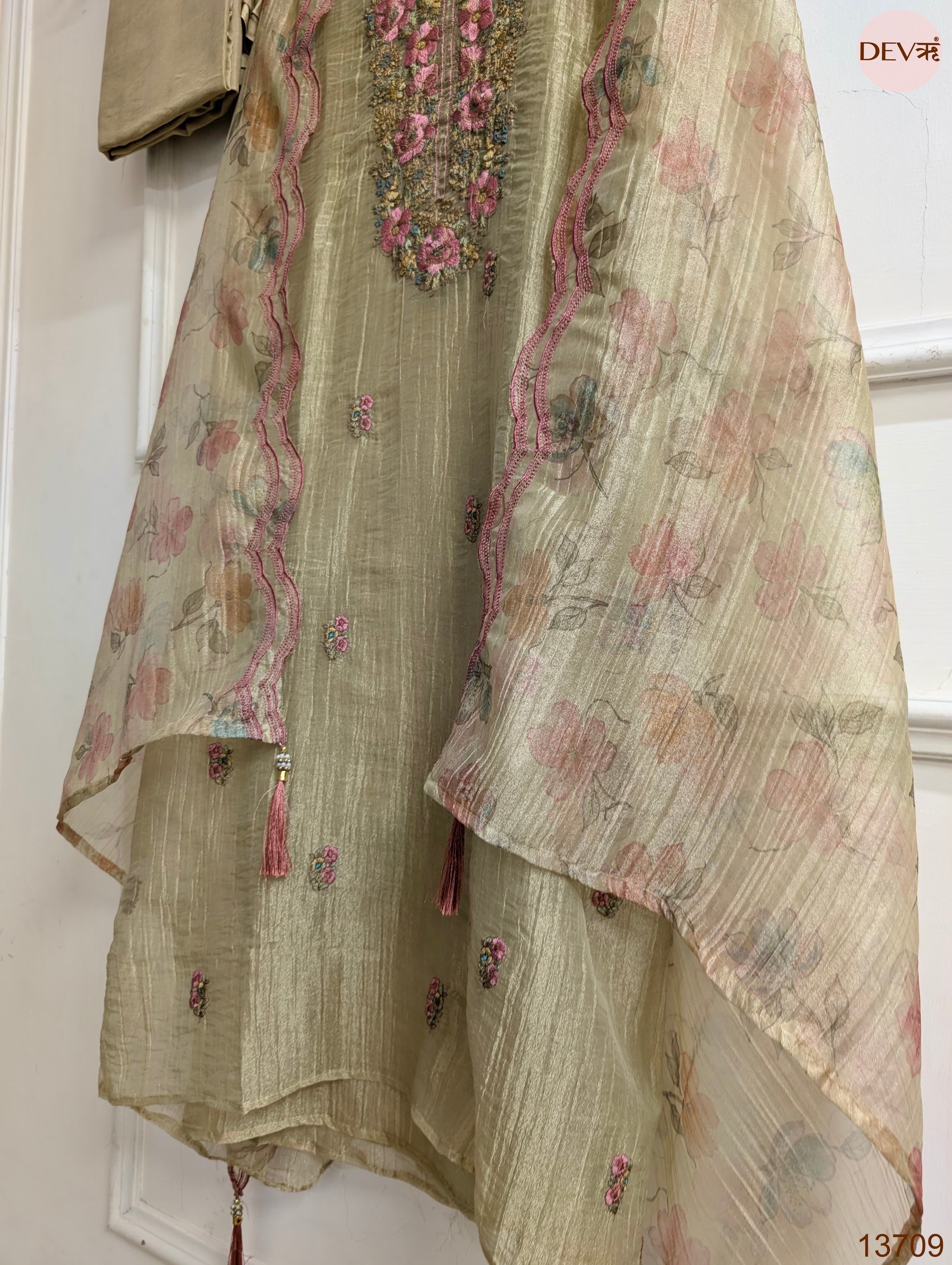 Beige Crush Tissue Silk Embroidered Unstitched 3-Piece Suit (Devri – D.No 13709)