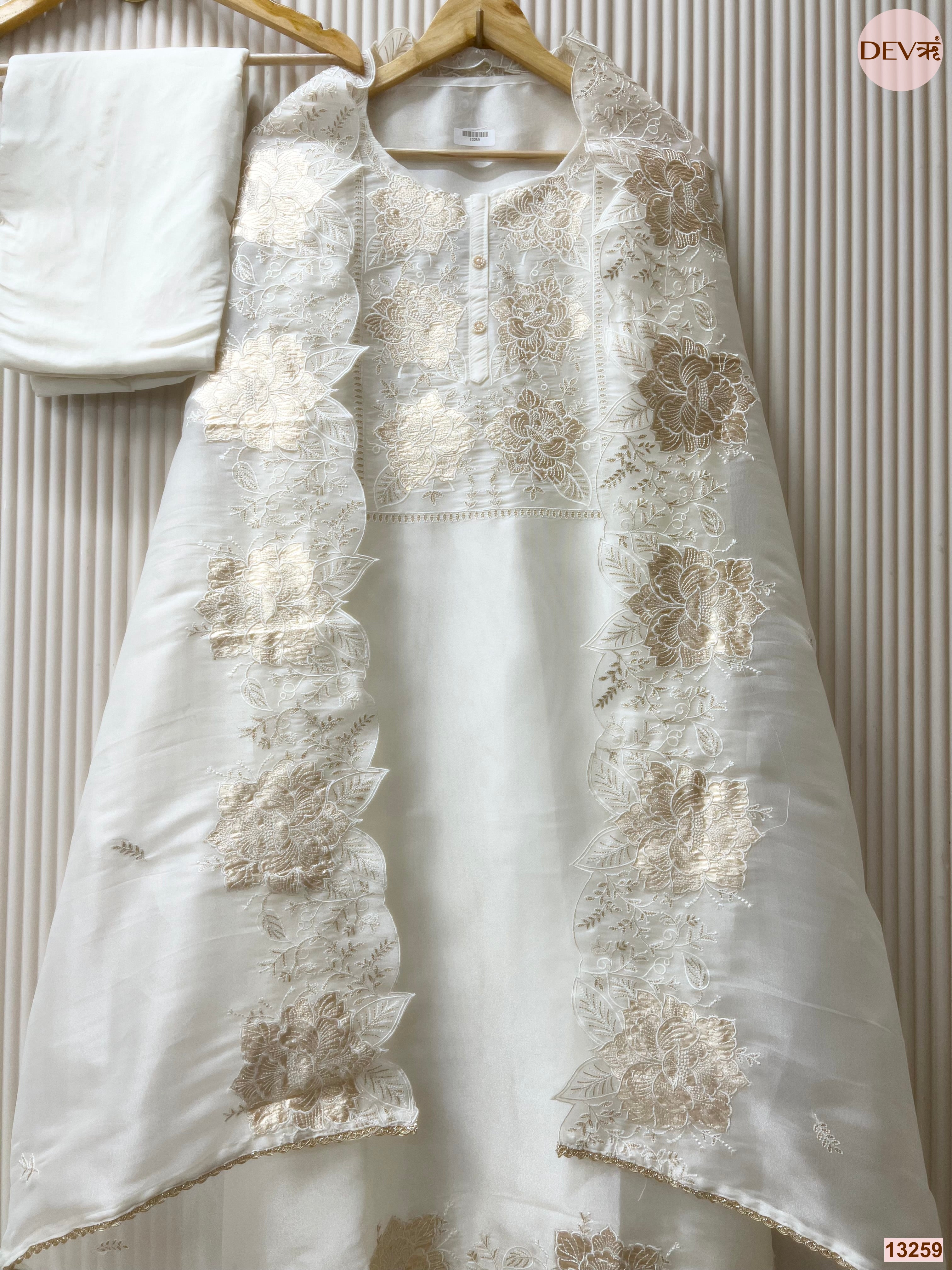 Off White Tissue Shimmer Silk Embroidered Unstitched 3-Piece Suit (Devri – D.No 13259)