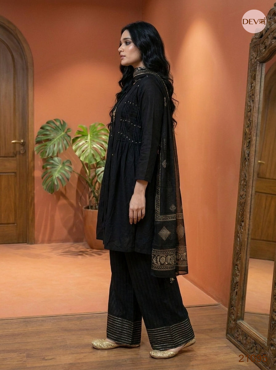Noor Mul Chanderi Embroidered Black 3-Piece Set (Devri – D.No 21095)