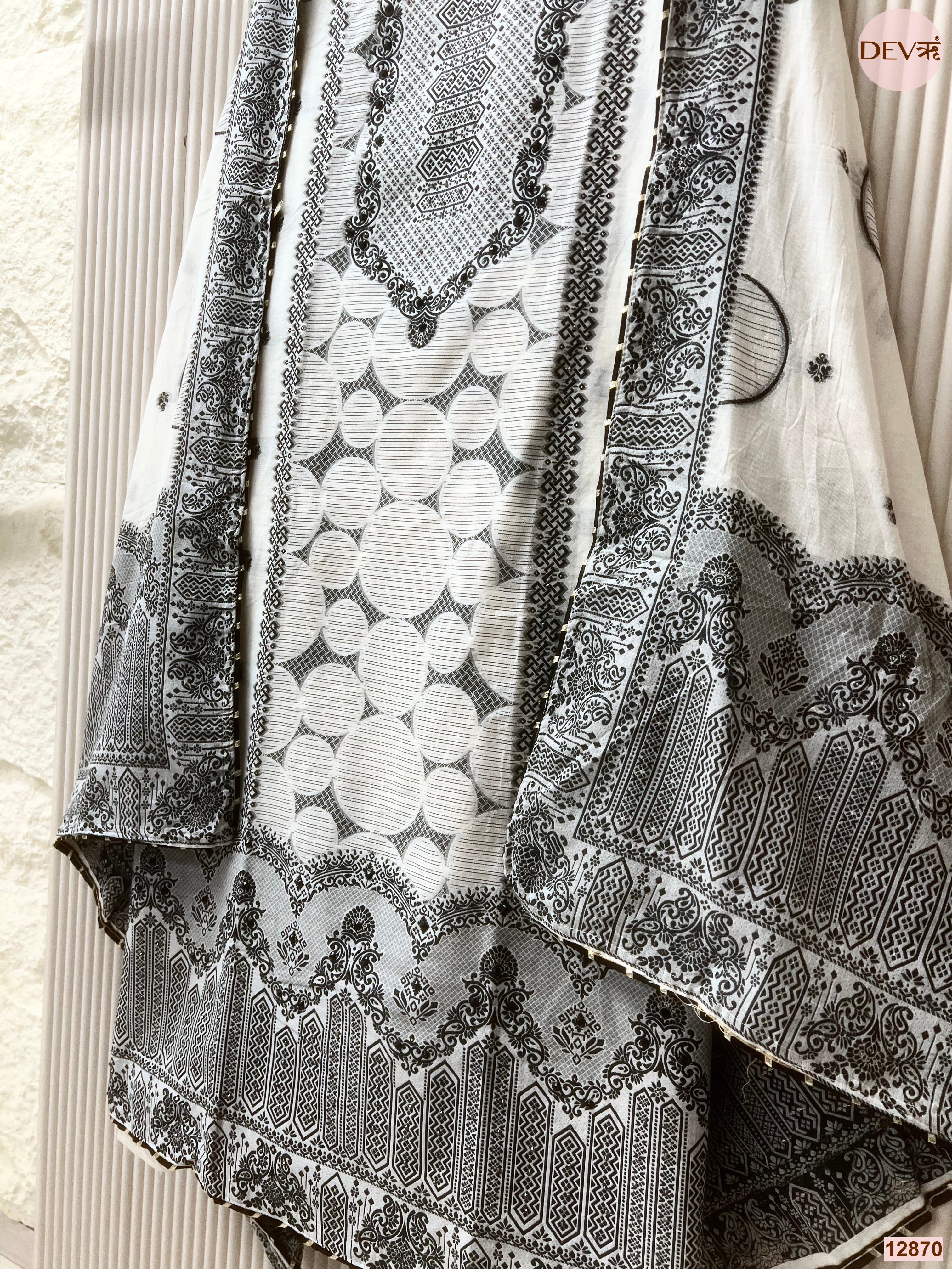 White Jamdani Cotton Printed Unstitched 3-Piece Suit (Devri – D.No 12870)