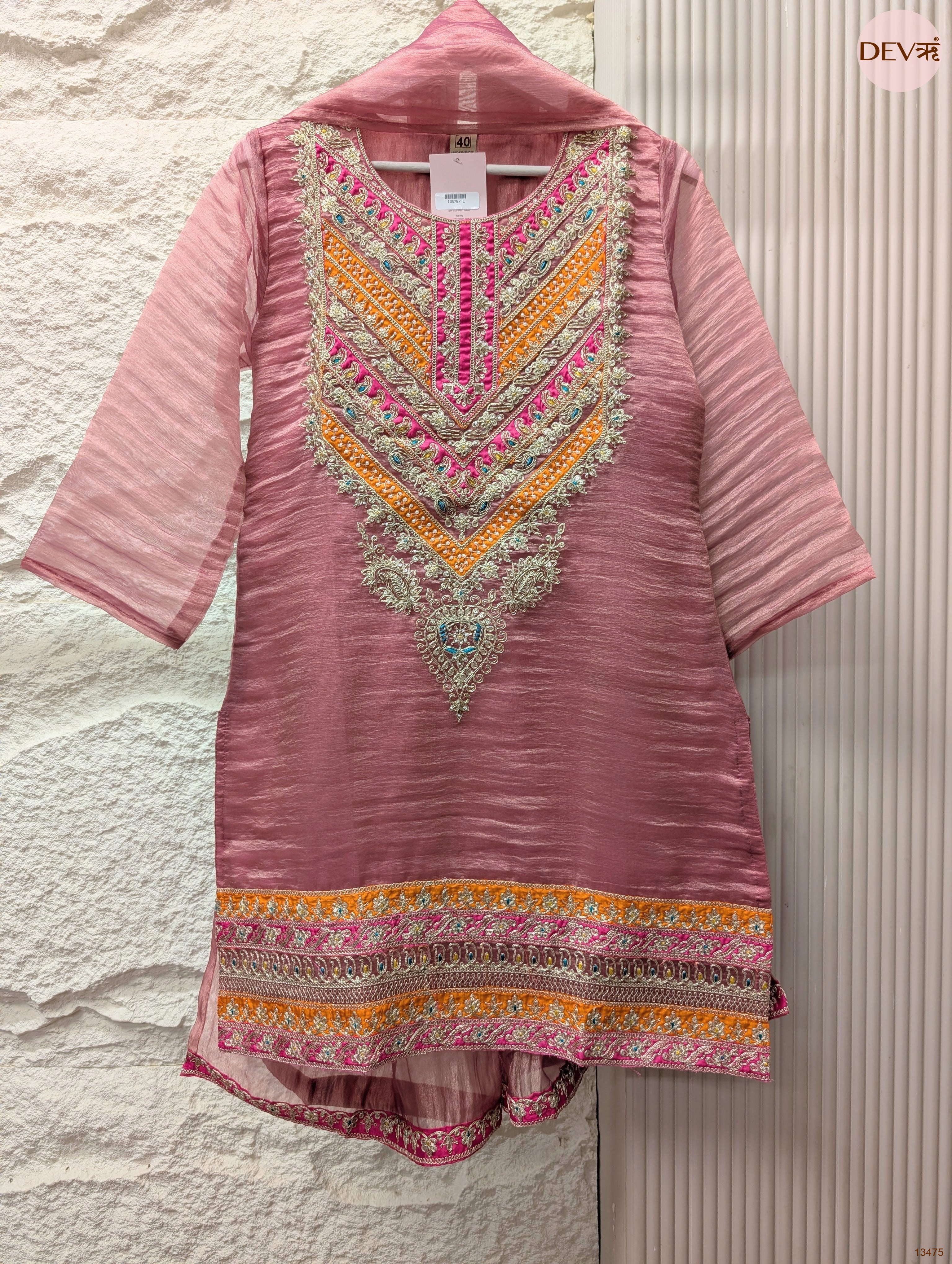Gulnaar Crush Organza Embroidered Pink 3-Piece Set (Devri – D.No 13475)