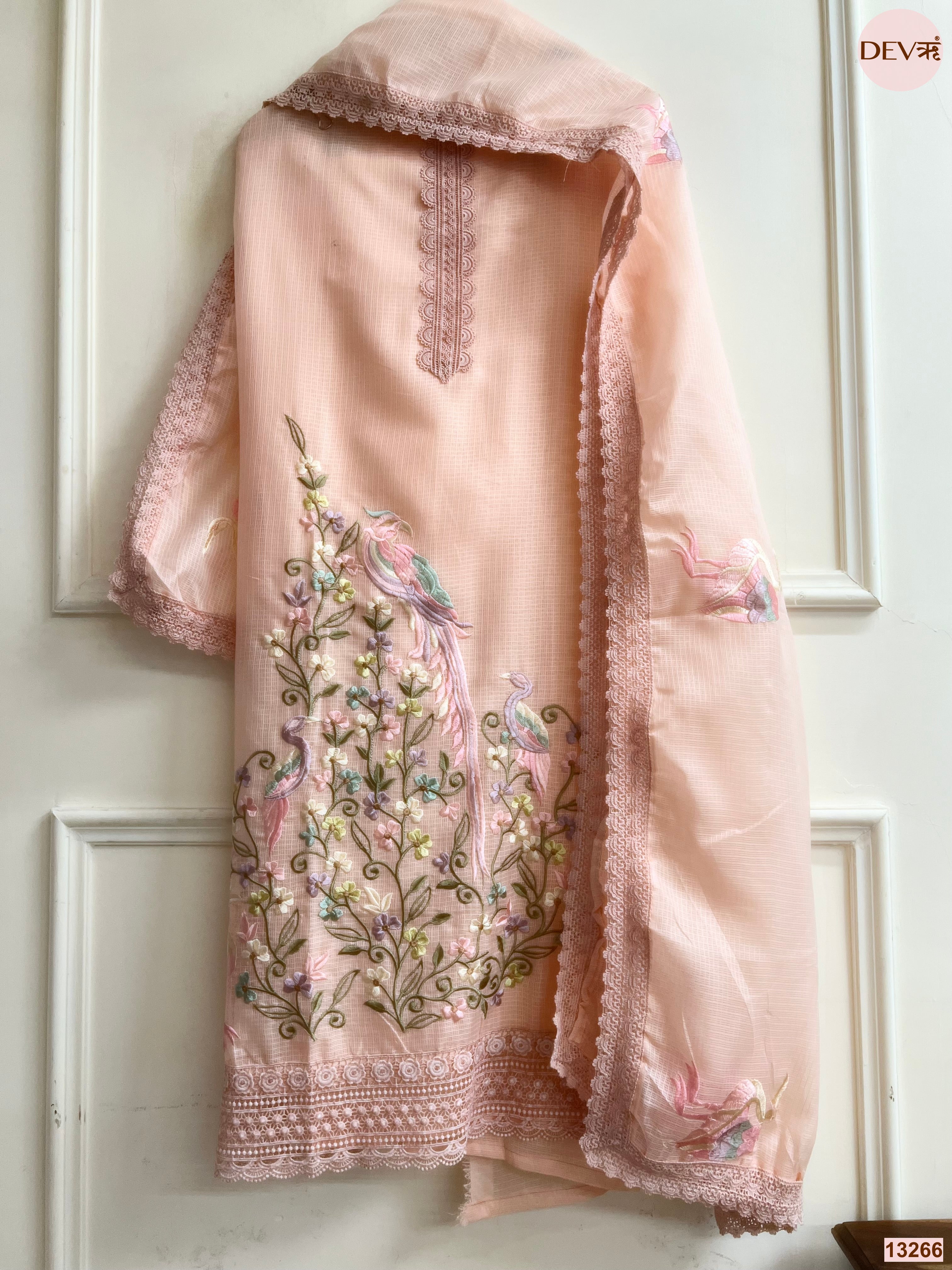 Peach Kota Cotton Embroidered Unstitched 3-Piece Suit (Devri – D.No 13266)