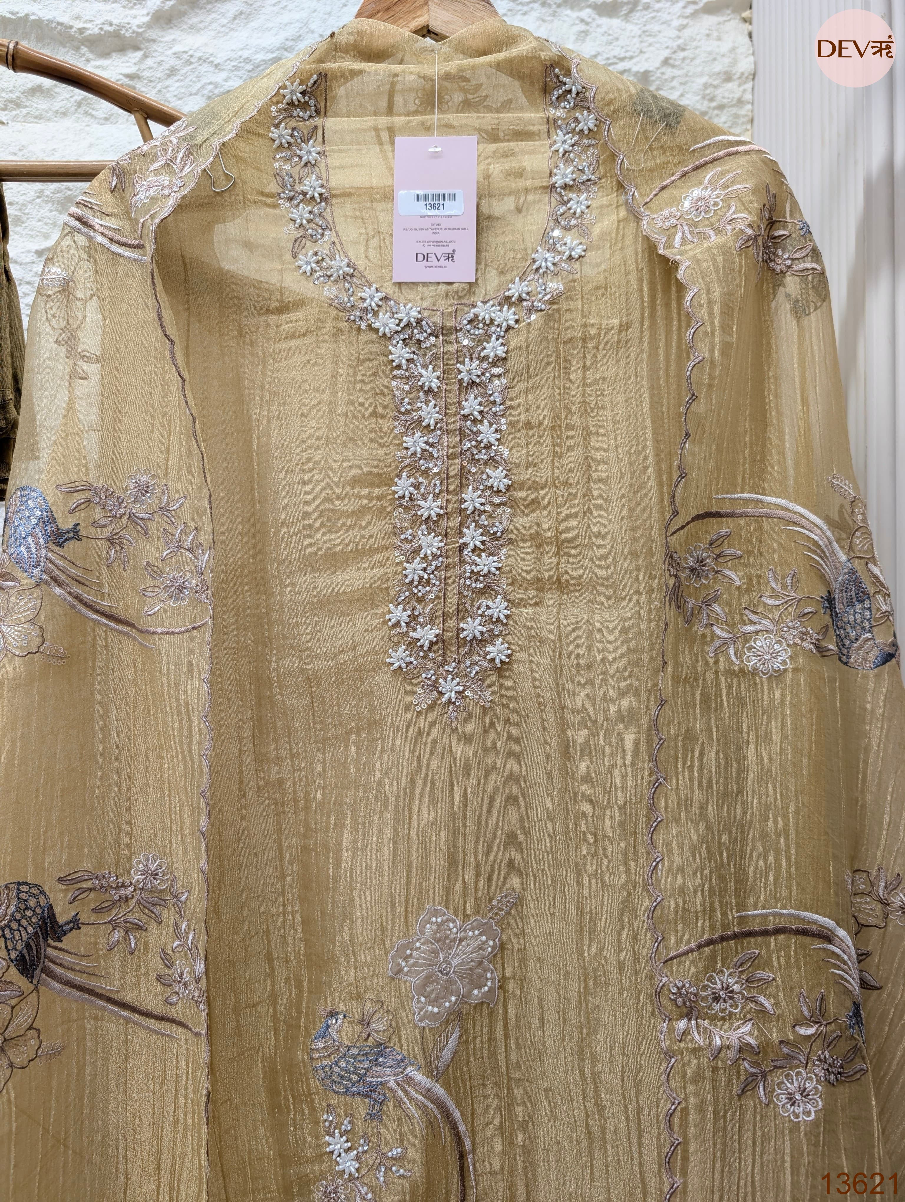 Beige Tissue Crush Silk Embroidered Unstitched 3-Piece Suit (Devri – D.No 13621)