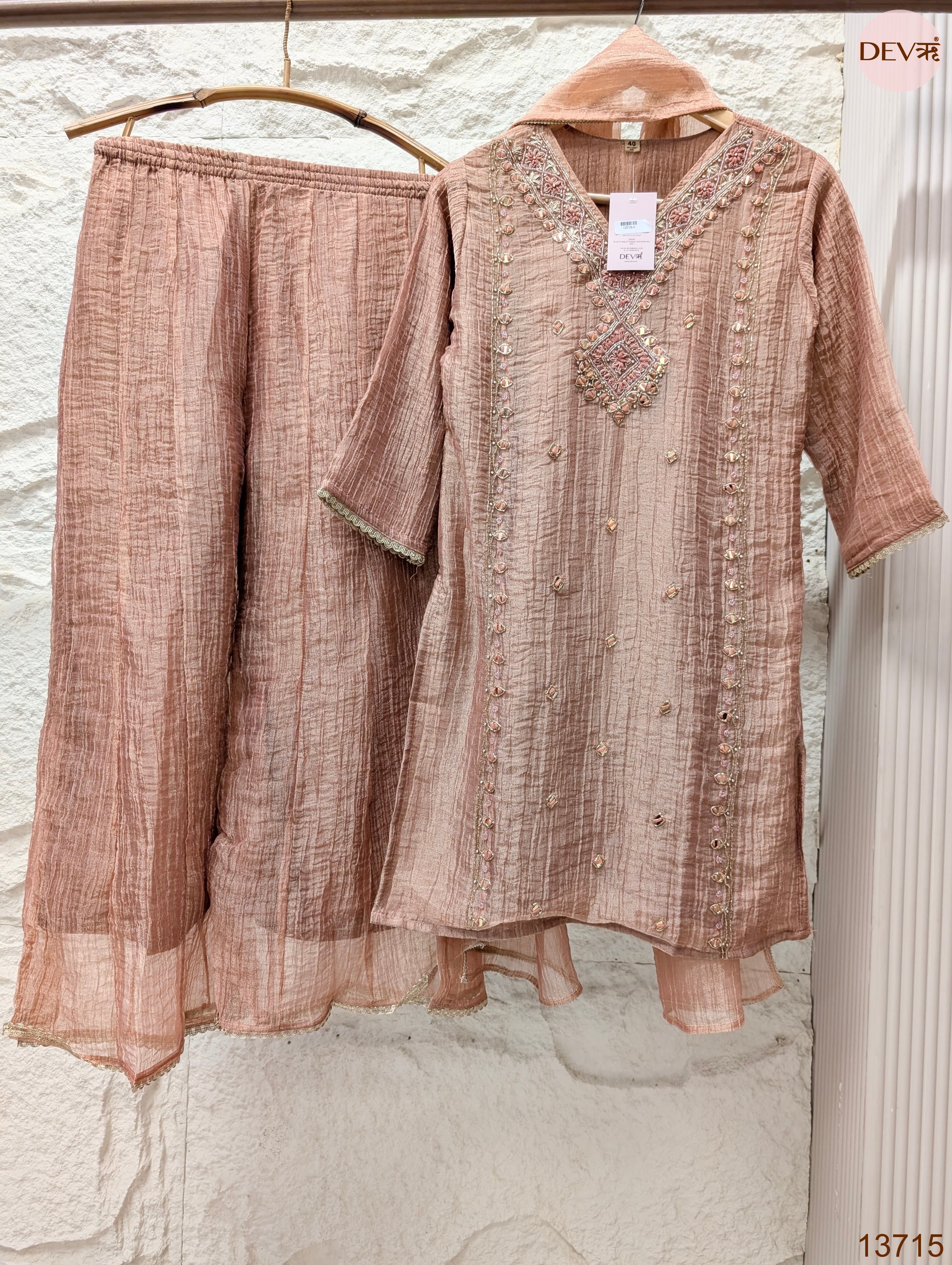 Gulnaar Tissue silk Embroidered Blush Pink 3-Piece Set (Devri – D.No 13715)