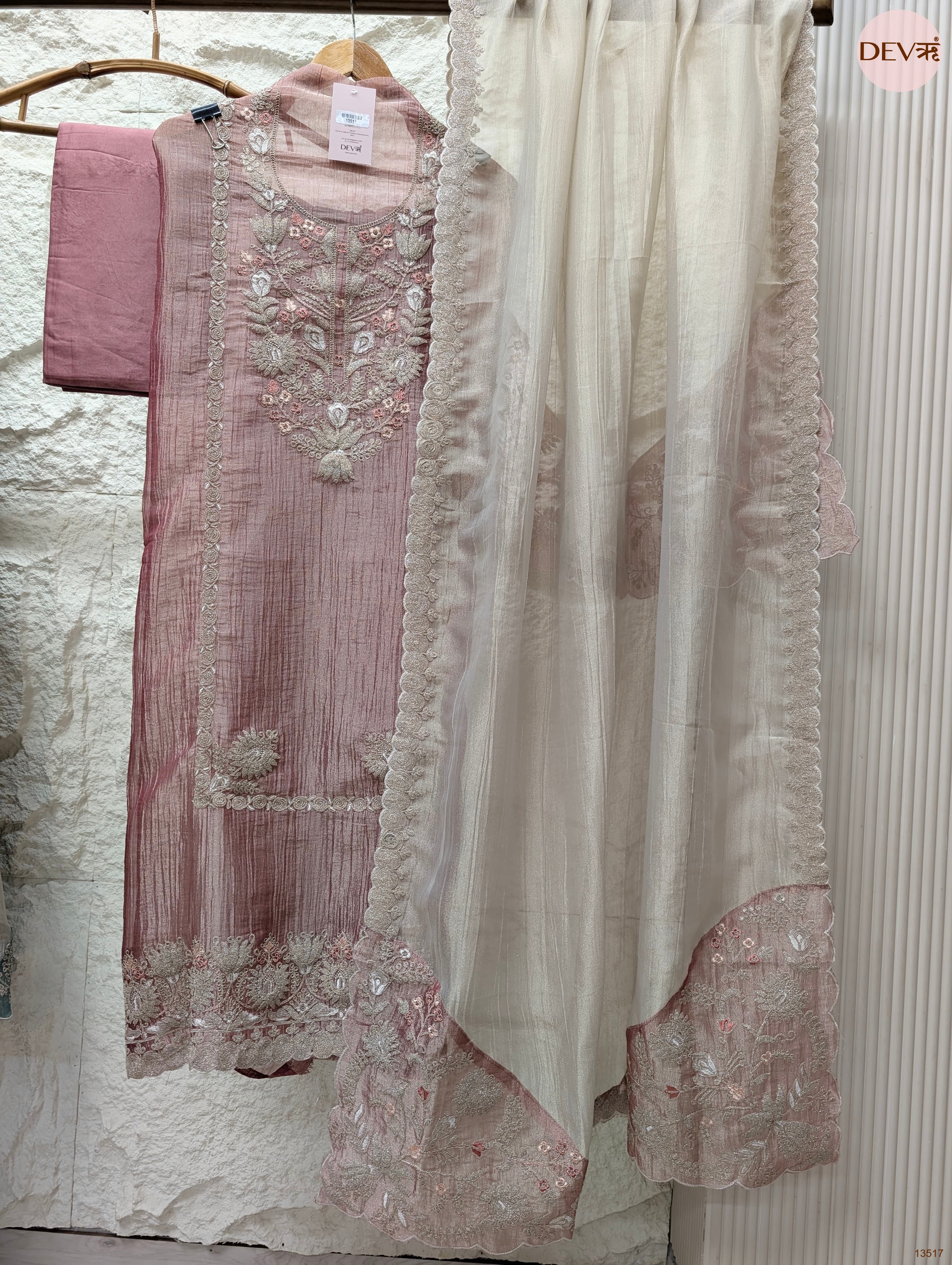 Pink Tissue Silk Embroidered Unstitched 3-Piece Suit (Devri – D.No 13517)
