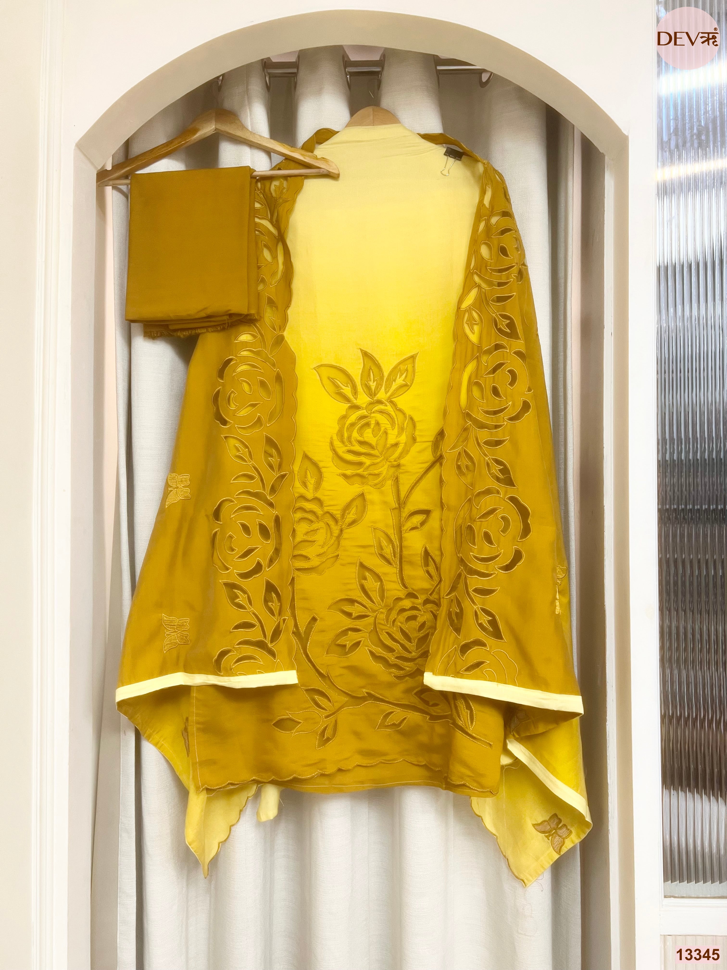 Yellow Mul Chanderi Embroidered Unstitched 3-Piece Suit (Devri – D.No 13345)