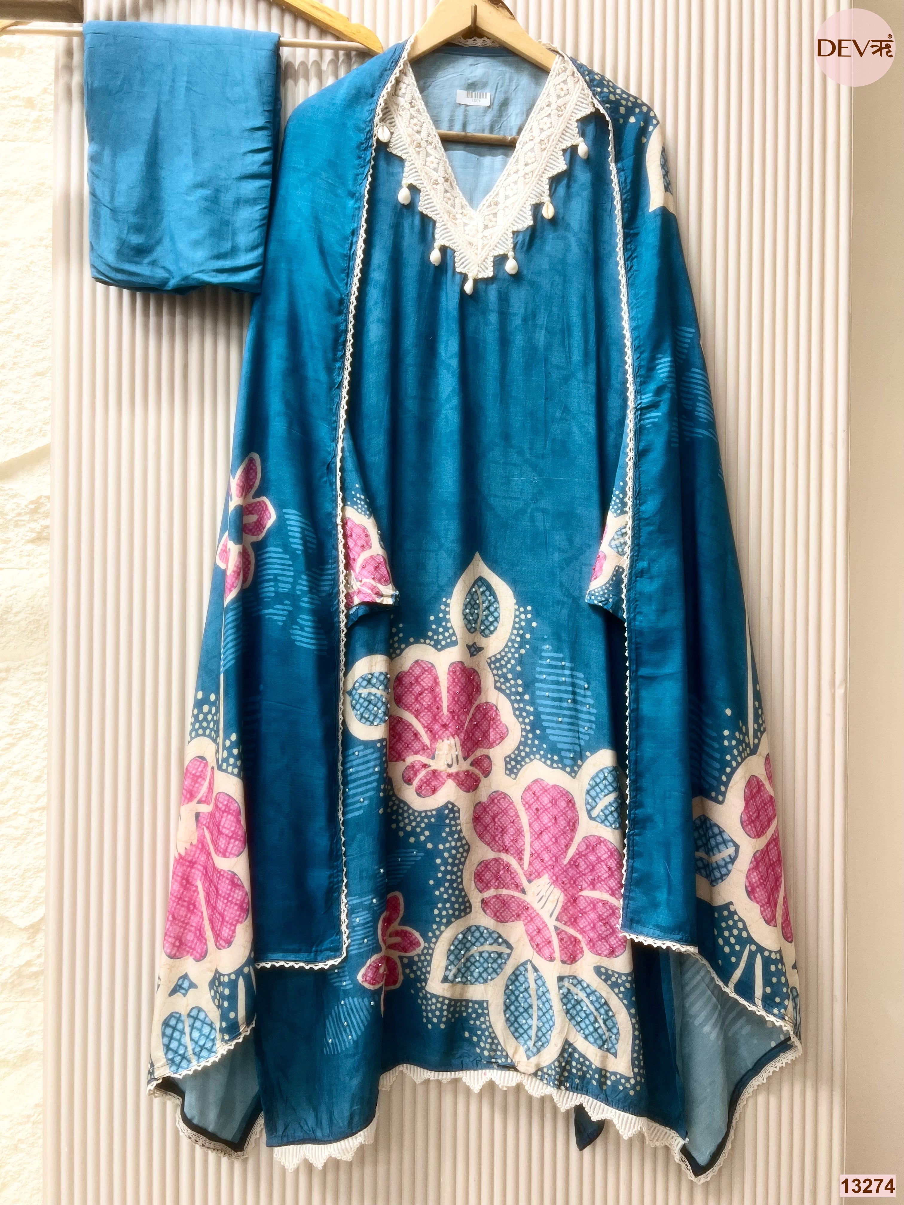 Teal Muslin Printed Unstitched 3-Piece Suit (Devri – D.No 13274)
