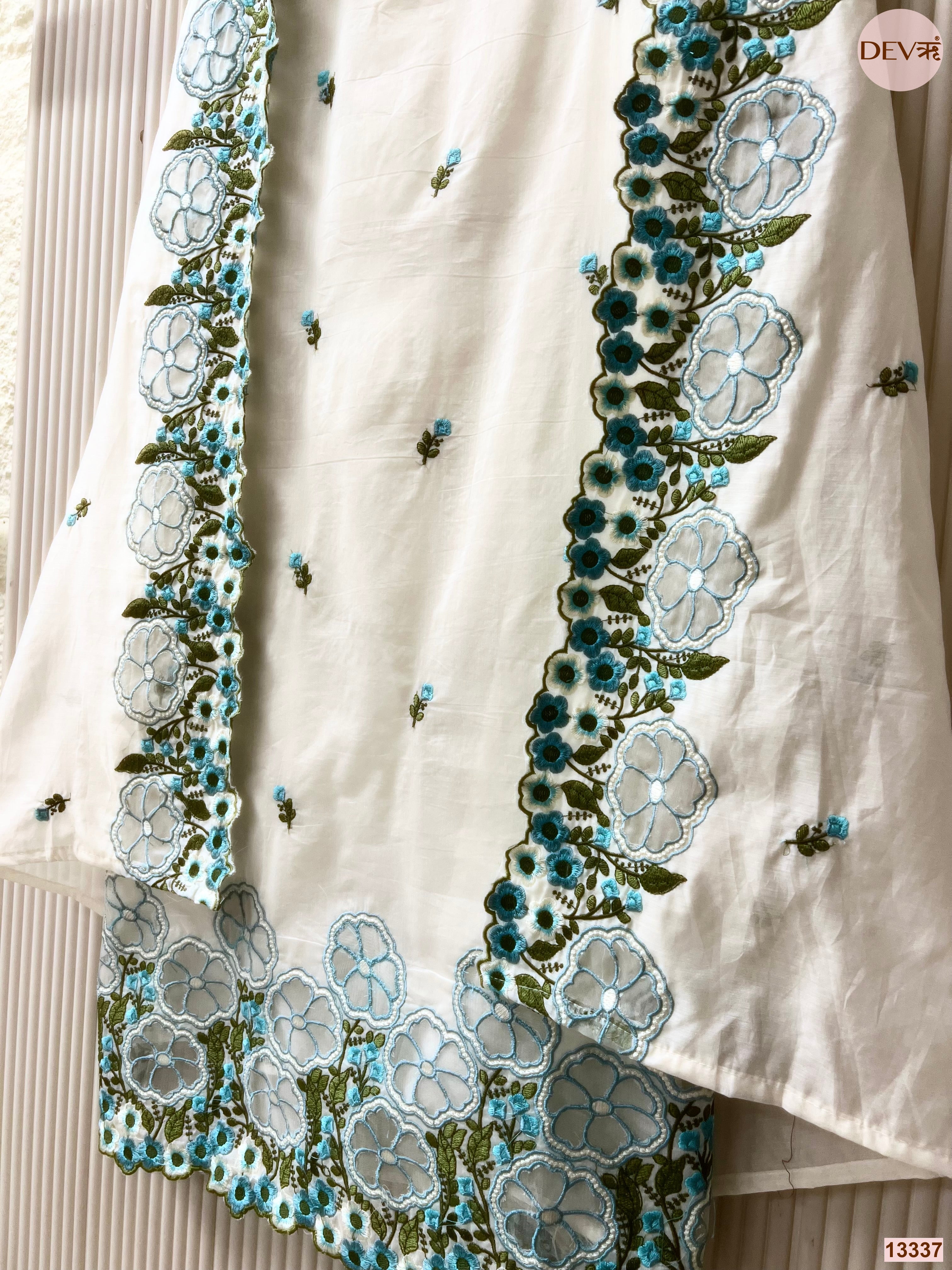 White Mul Chanderi Embroidered Unstitched 3-Piece Suit (Devri – D.No 13337)