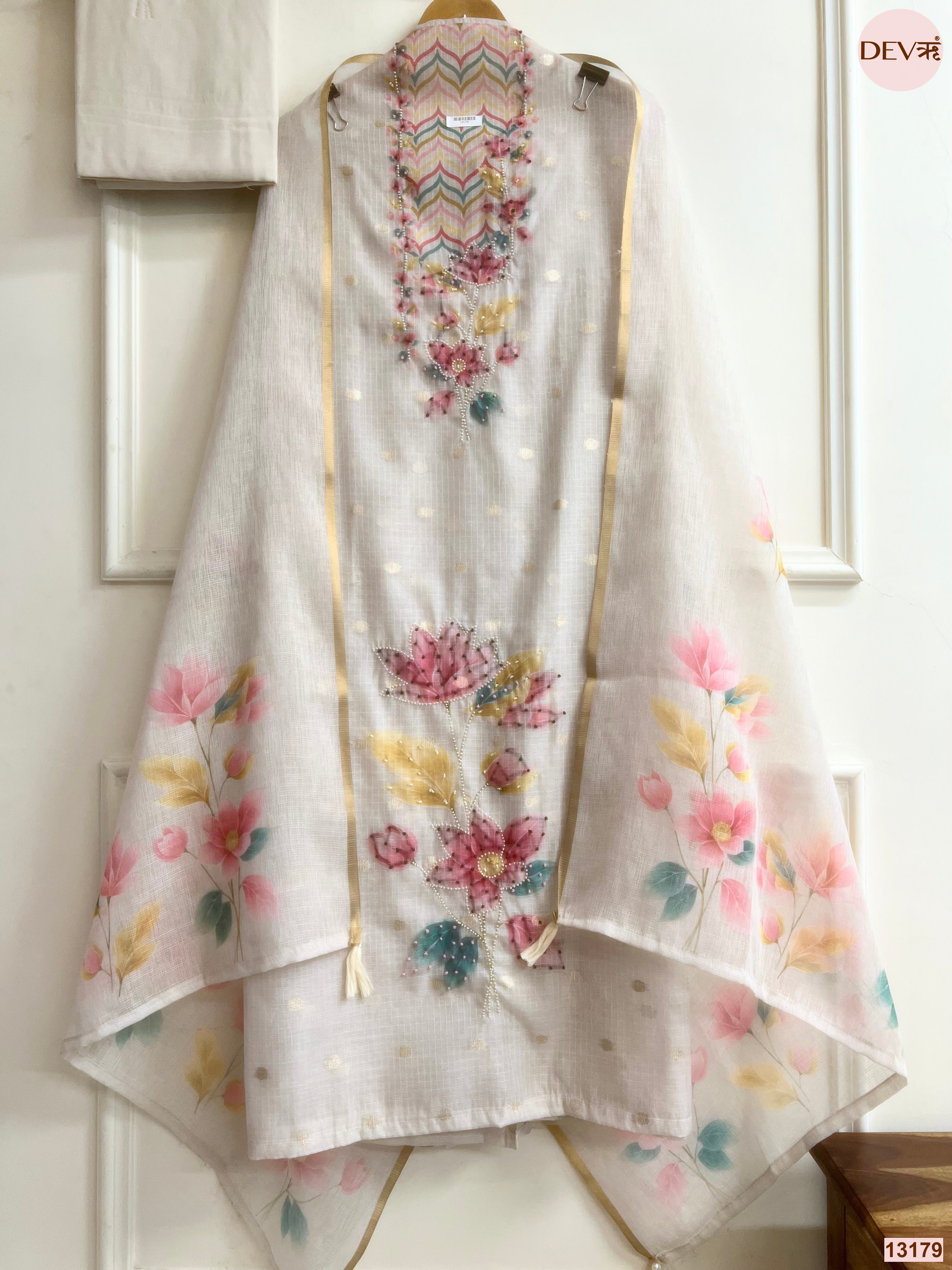 Off White Kota Printed Unstitched 3-Piece Suit (Devri – D.No 13179)
